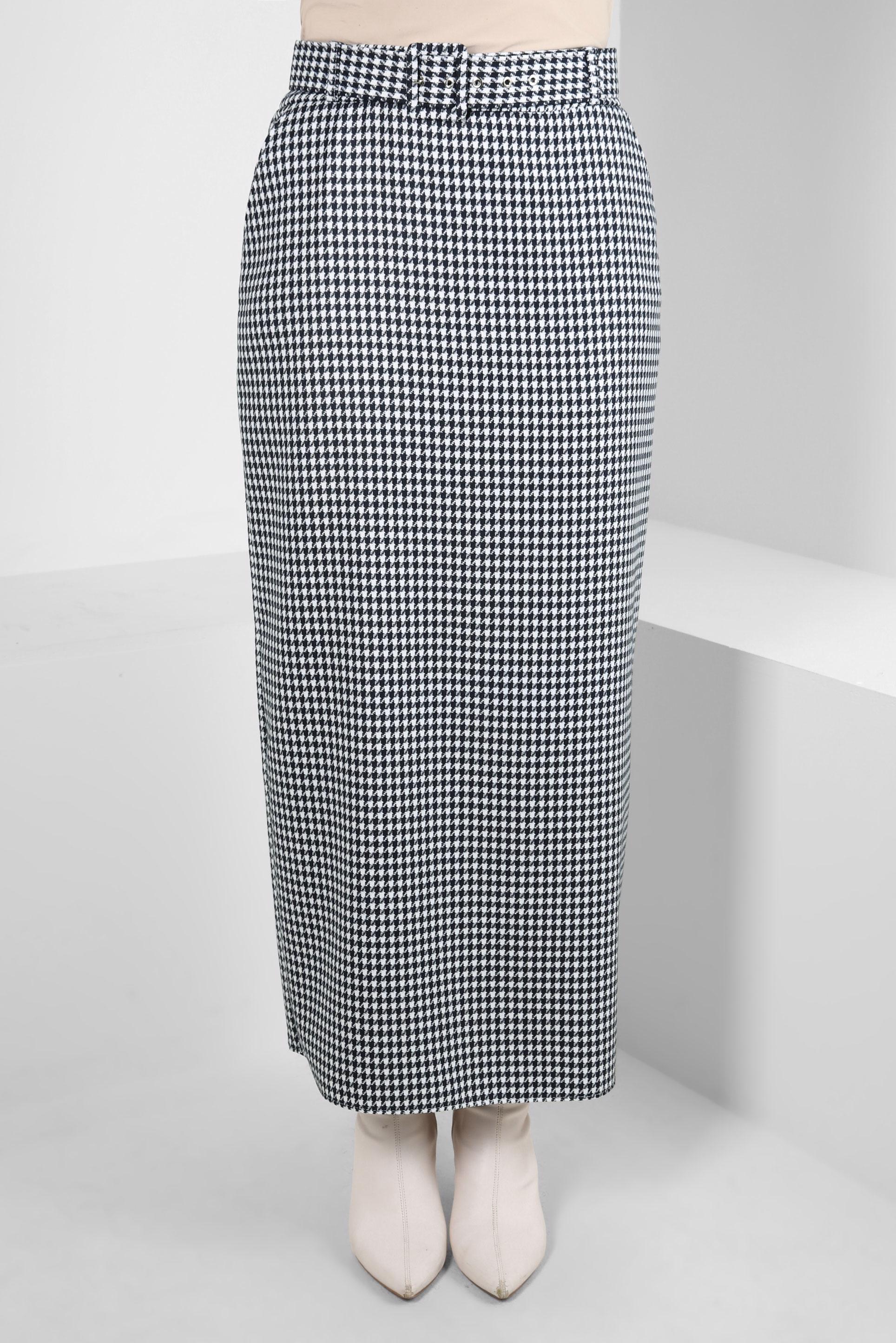 Tesettür giyim LACİVERT KAZAYAĞI DESENLİ KEMERLİ ETEK 60523