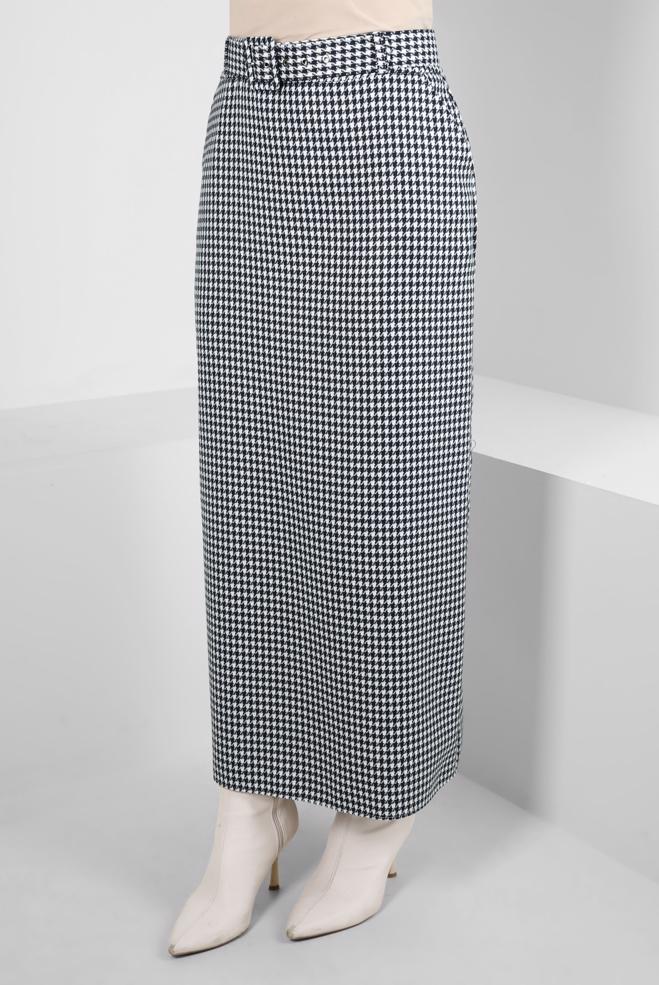 Tesettür giyim LACİVERT KAZAYAĞI DESENLİ KEMERLİ ETEK 60523 - ALVİNA