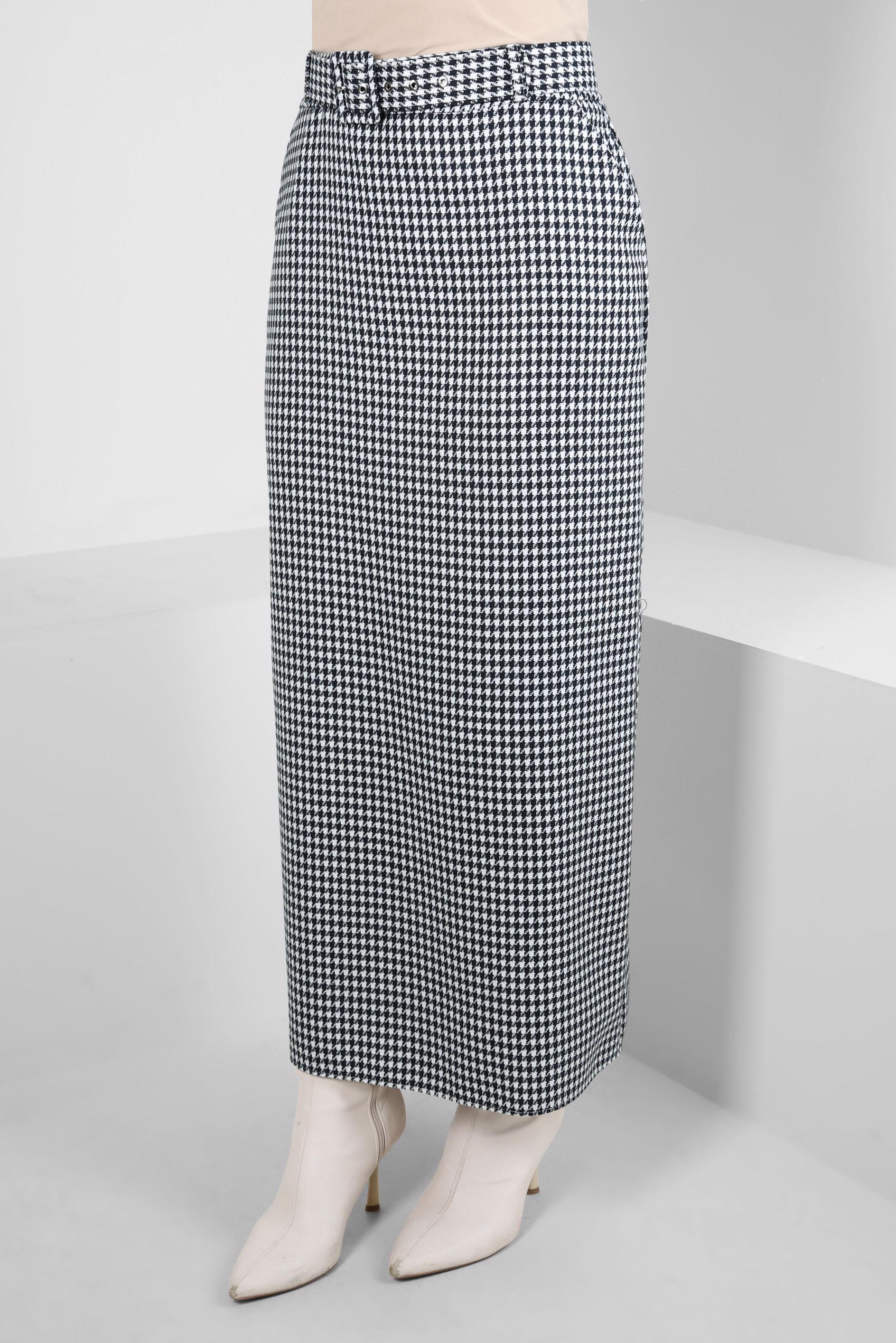 Tesettür giyim LACİVERT KAZAYAĞI DESENLİ KEMERLİ ETEK 60523