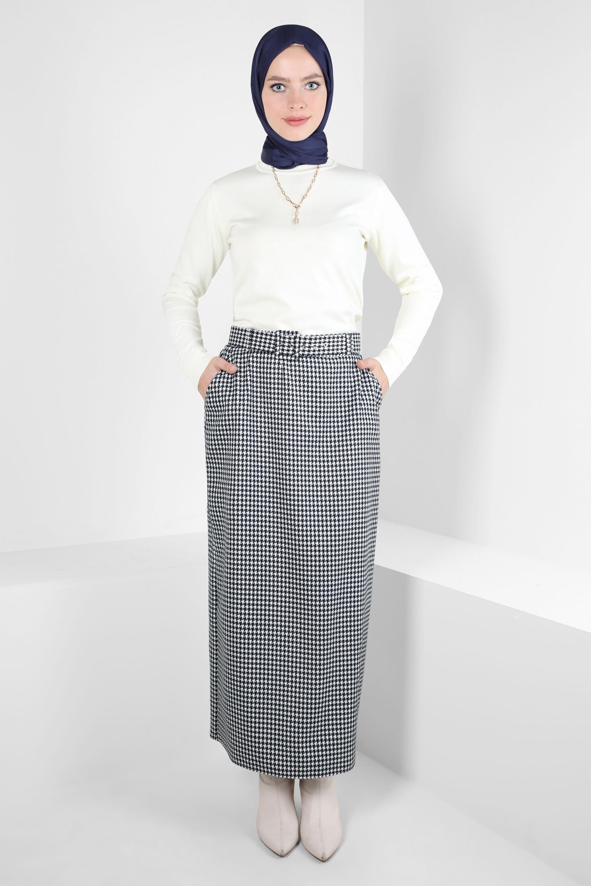 Tesettür giyim LACİVERT KAZAYAĞI DESENLİ KEMERLİ ETEK 60523