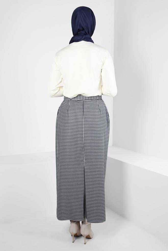 Tesettür giyim LACİVERT KAZAYAĞI DESENLİ KEMERLİ ETEK 60523 - ALVİNA