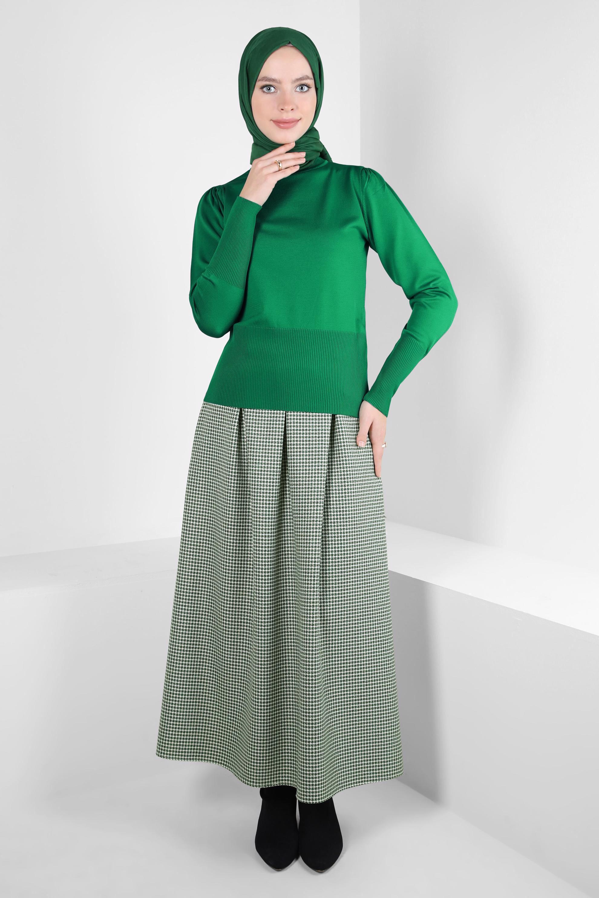 Tesettür giyim YEŞİL PİLİSE DETAYLI ETEK 60524