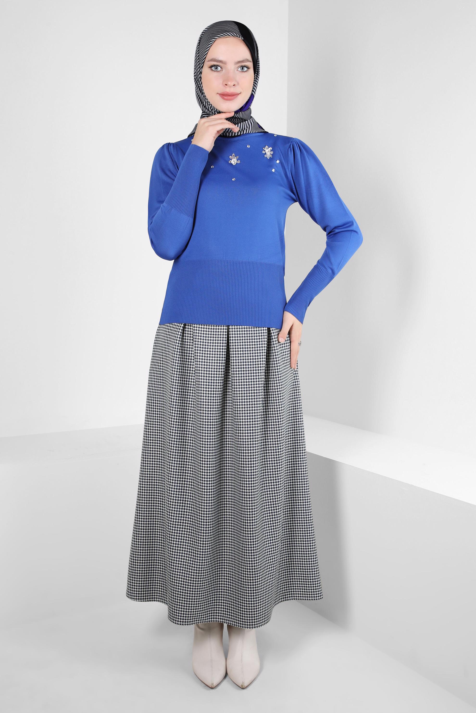 Tesettür giyim LACİVERT PİLİSE DETAYLI ETEK 60524