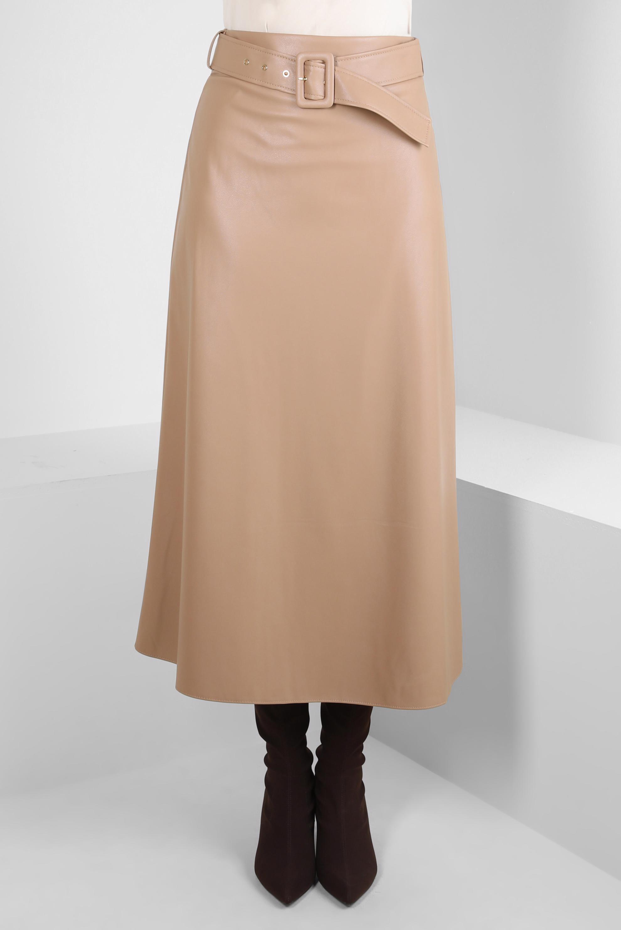 Hijab clothing BROWN BELTED FAUX LEATHER SKIRT 60525