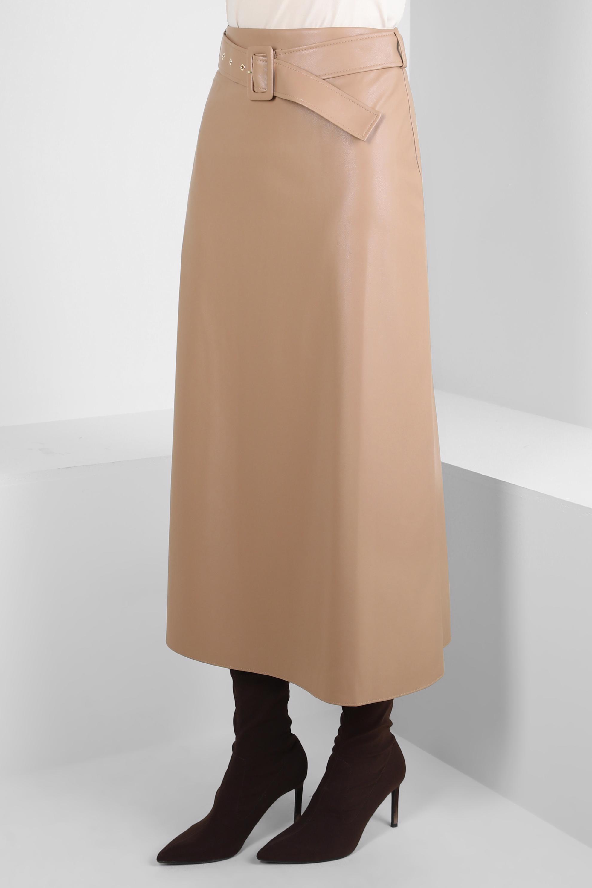 Hijab clothing BROWN BELTED FAUX LEATHER SKIRT 60525