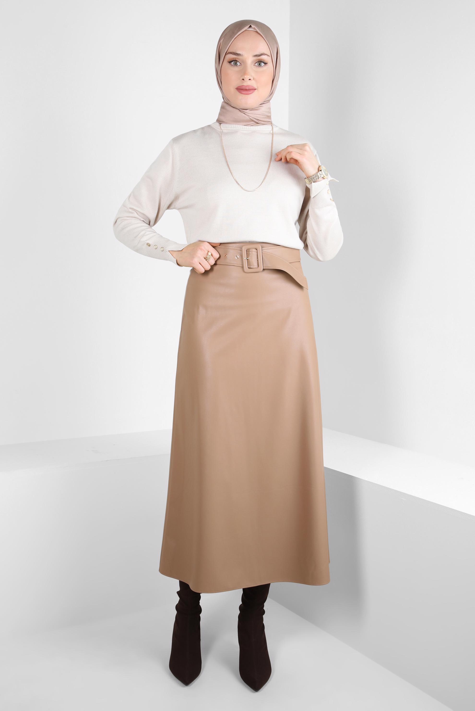 Hijab clothing BROWN BELTED FAUX LEATHER SKIRT 60525