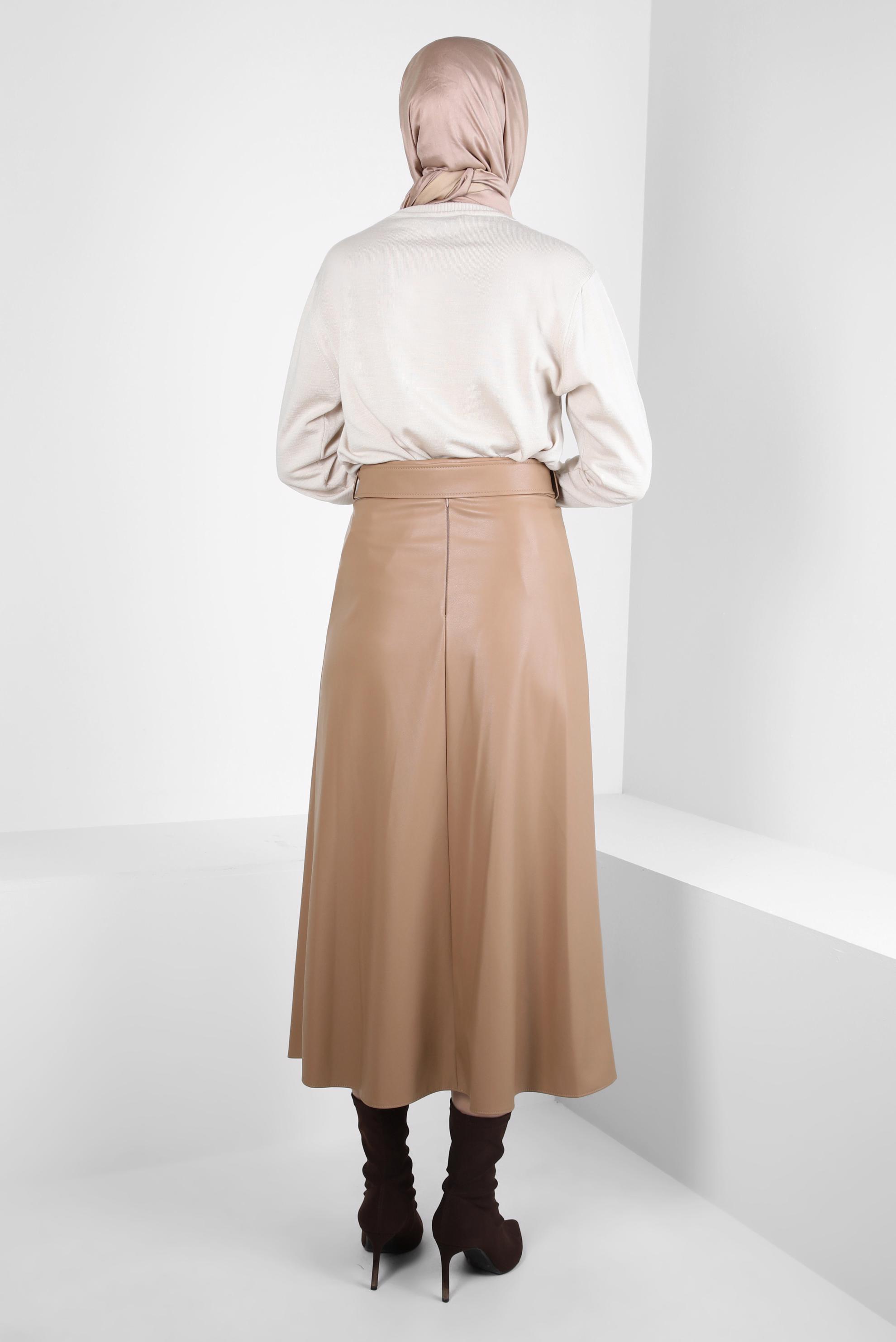 Hijab clothing BROWN BELTED FAUX LEATHER SKIRT 60525