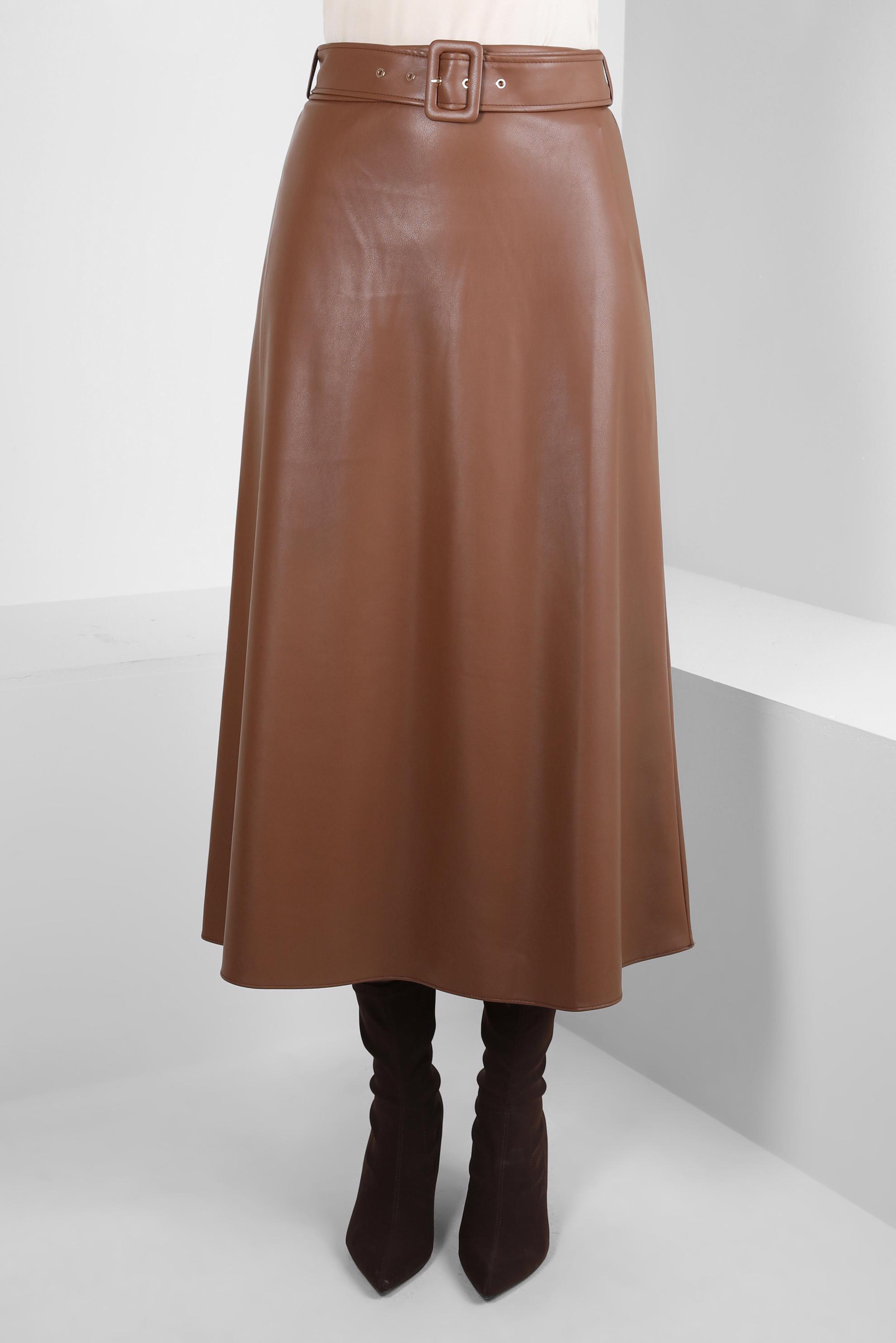 Tesettür giyim TABA KEMERLİ SUNİ DERİ ETEK 60525