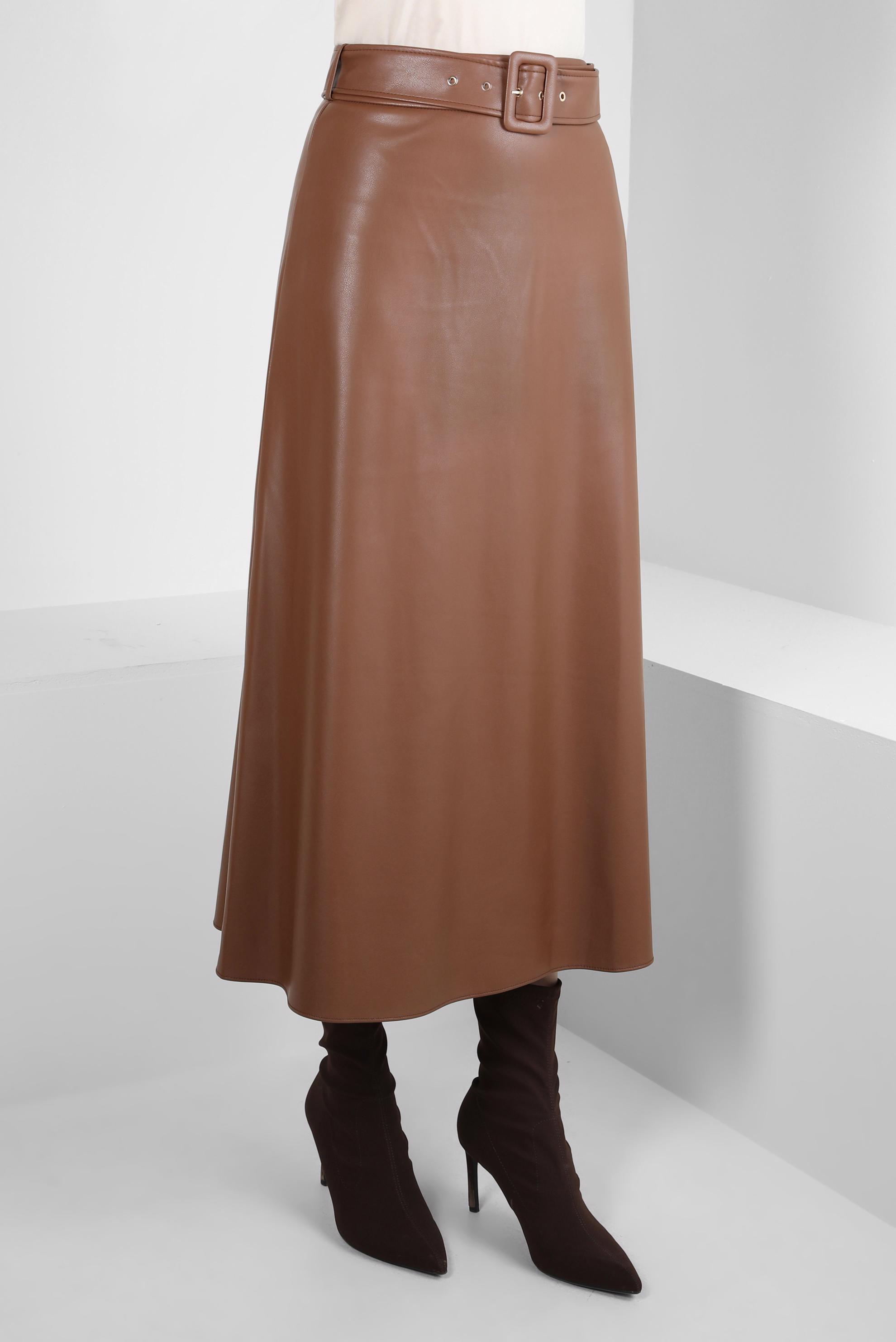 Tesettür giyim TABA KEMERLİ SUNİ DERİ ETEK 60525