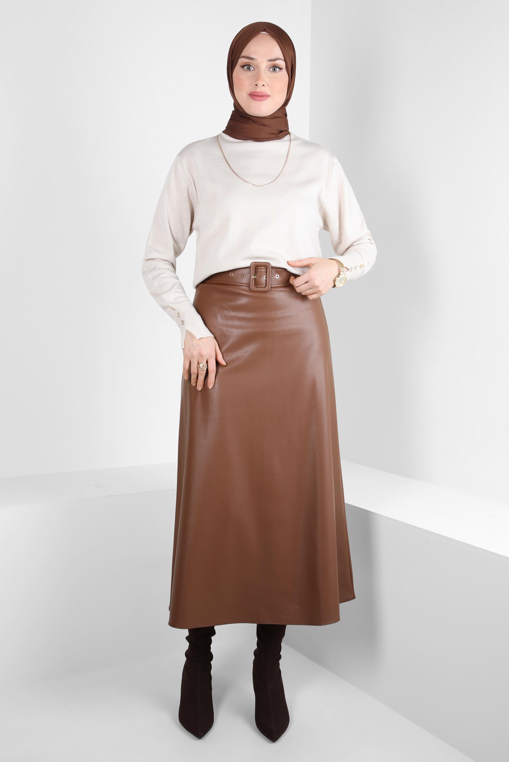 Tesettür giyim TABA KEMERLİ SUNİ DERİ ETEK 60525