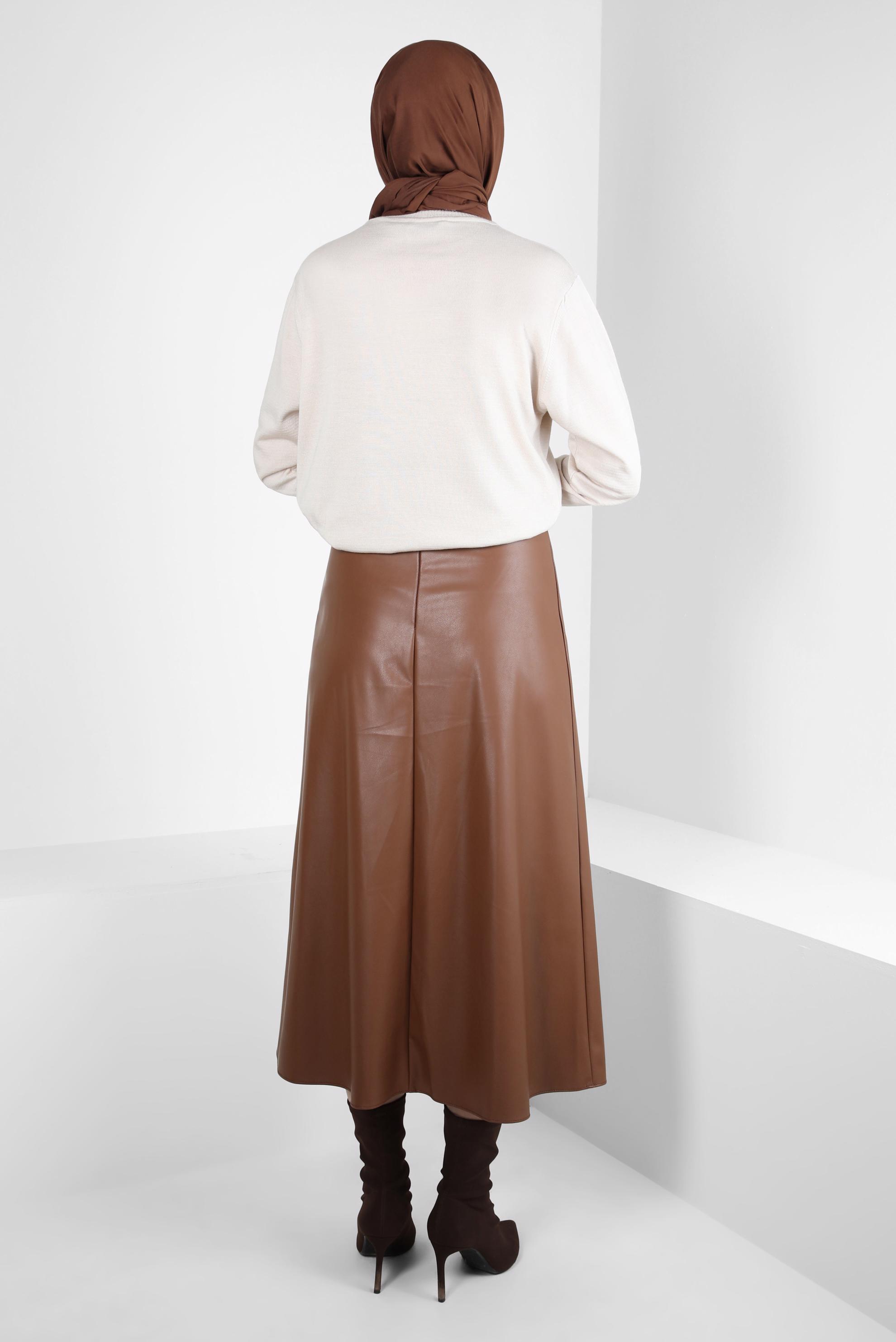 Tesettür giyim TABA KEMERLİ SUNİ DERİ ETEK 60525