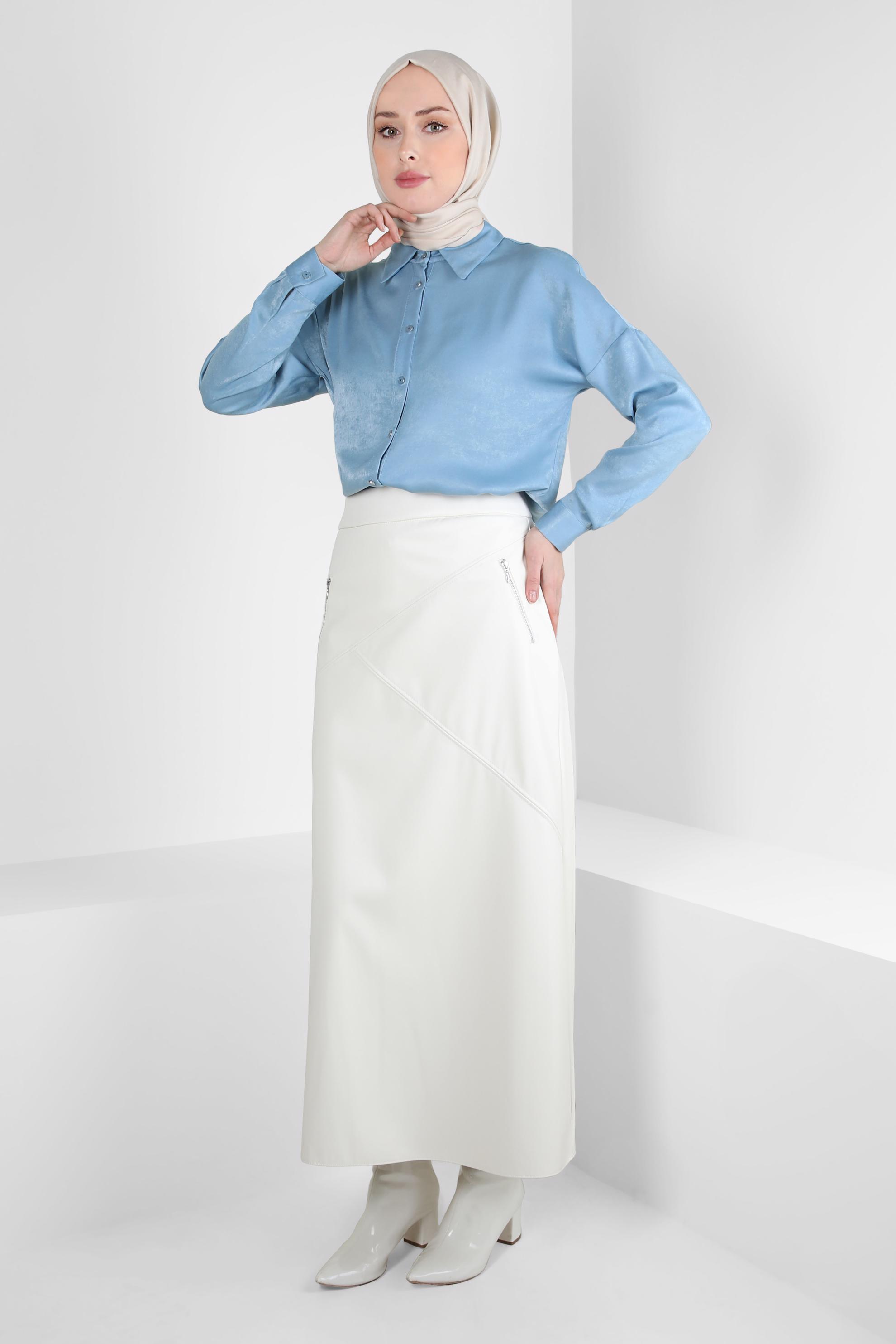 Tesettür giyim BEYAZ SUNİ DERİ ETEK 60527