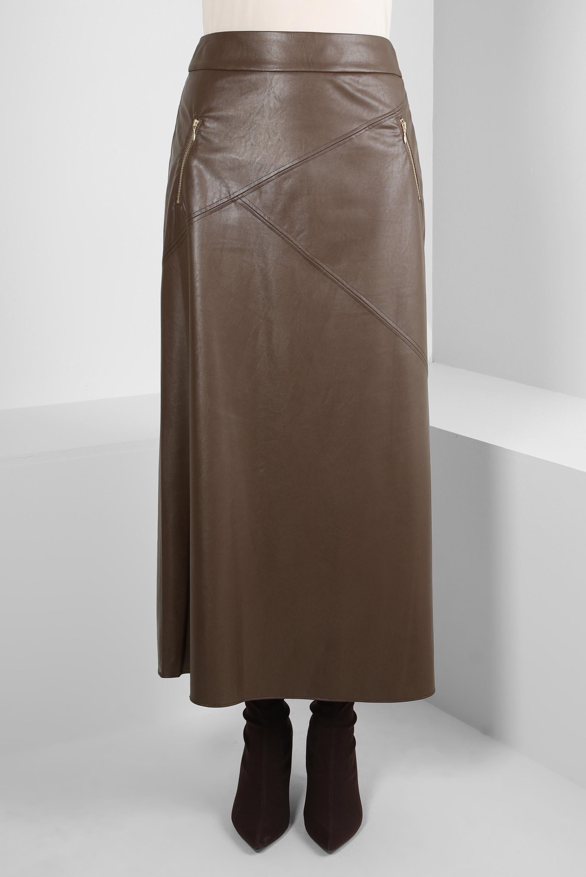 Tesettür giyim KAHVE SUNİ DERİ ETEK 60527