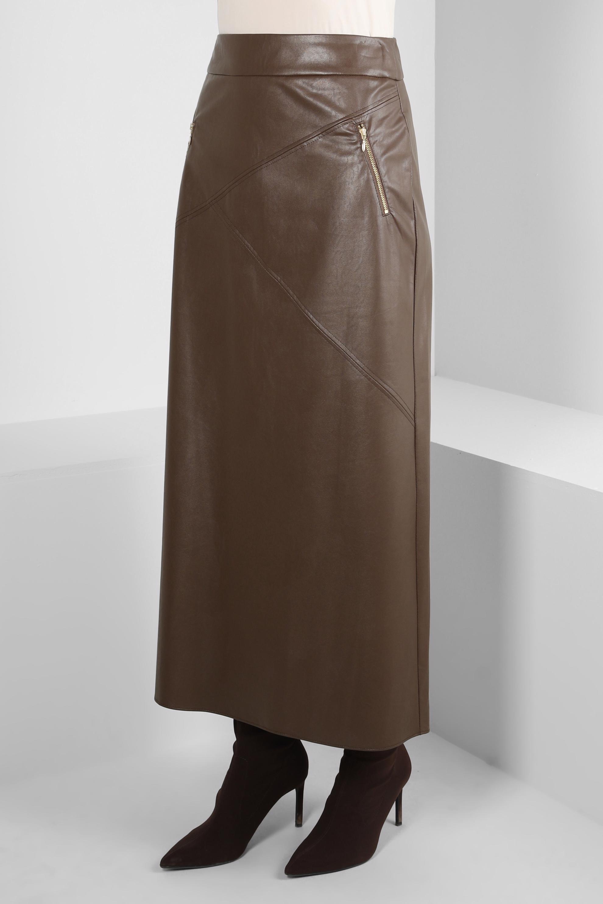 Tesettür giyim KAHVE SUNİ DERİ ETEK 60527