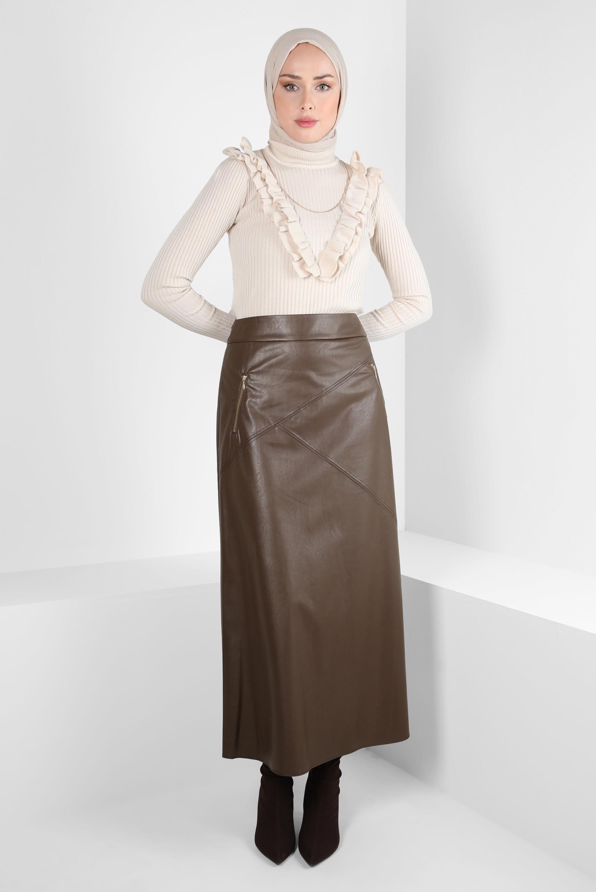 Tesettür giyim KAHVE SUNİ DERİ ETEK 60527