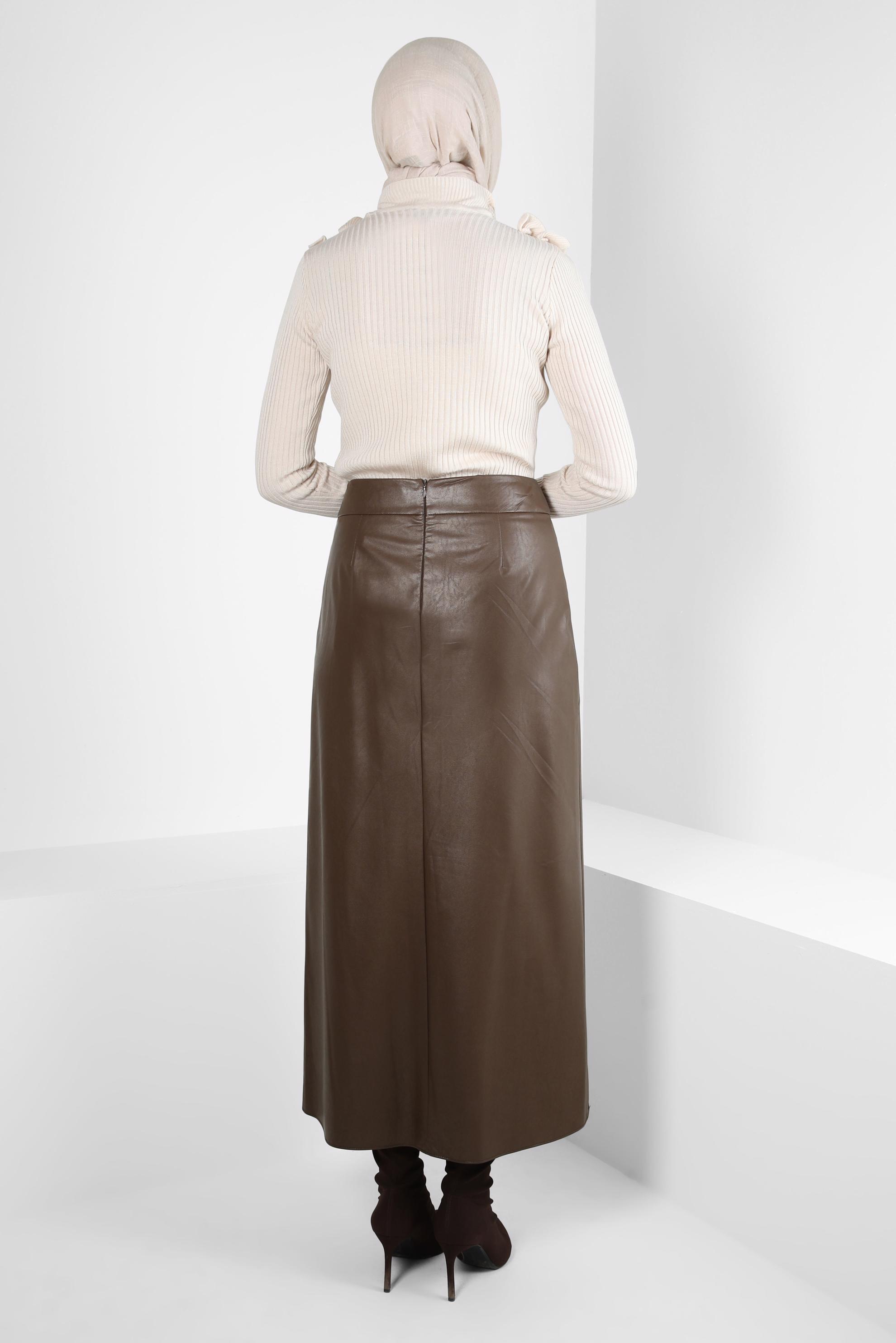 Tesettür giyim KAHVE SUNİ DERİ ETEK 60527