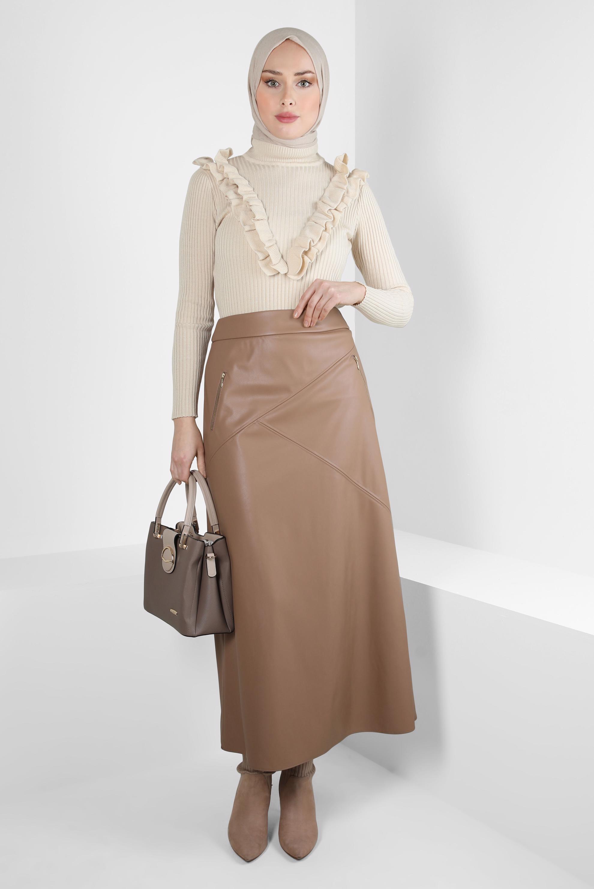 Hijab clothing BROWN FAUX LEATHER SKIRT 60527