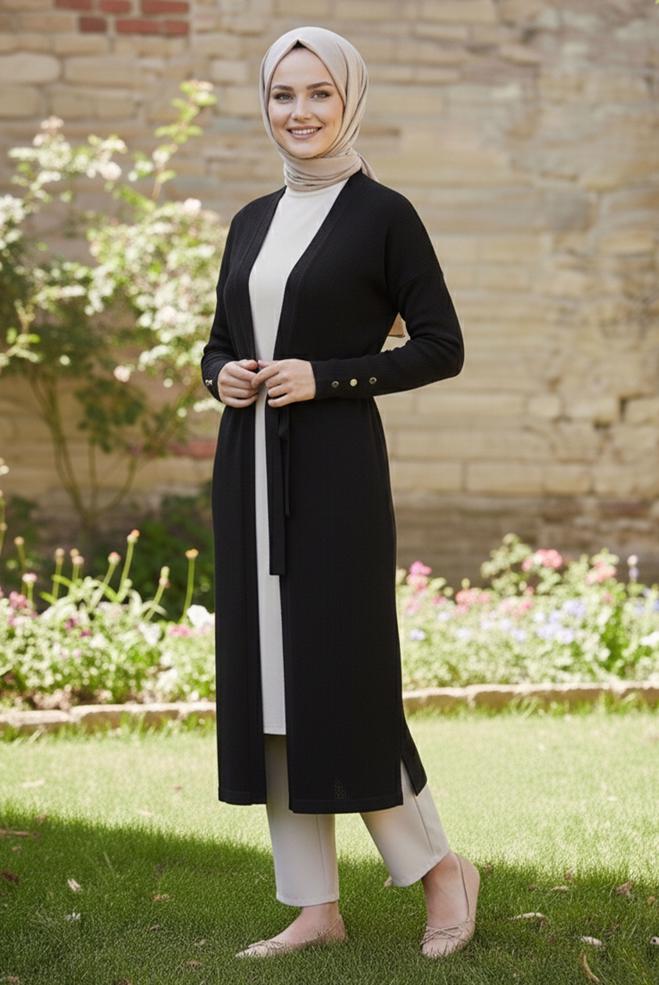 Vêtements hijab NOIR CARDIGAN CEINTURE 20478 - ALVİNA