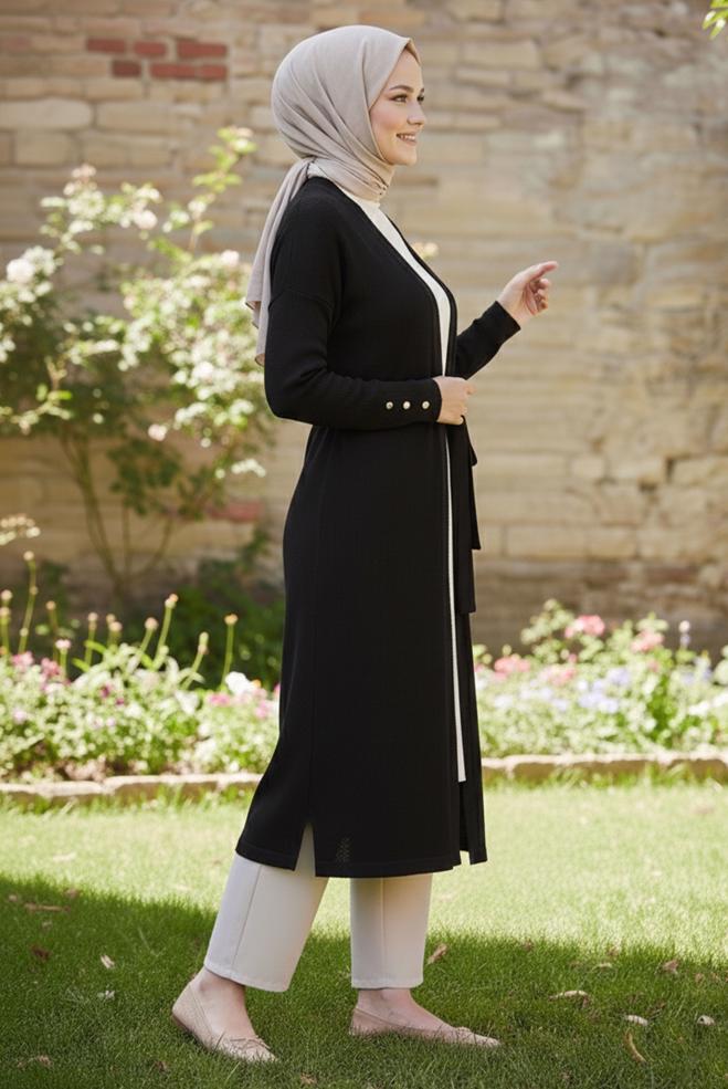 Vêtements hijab NOIR CARDIGAN CEINTURE 20478 - ALVİNA