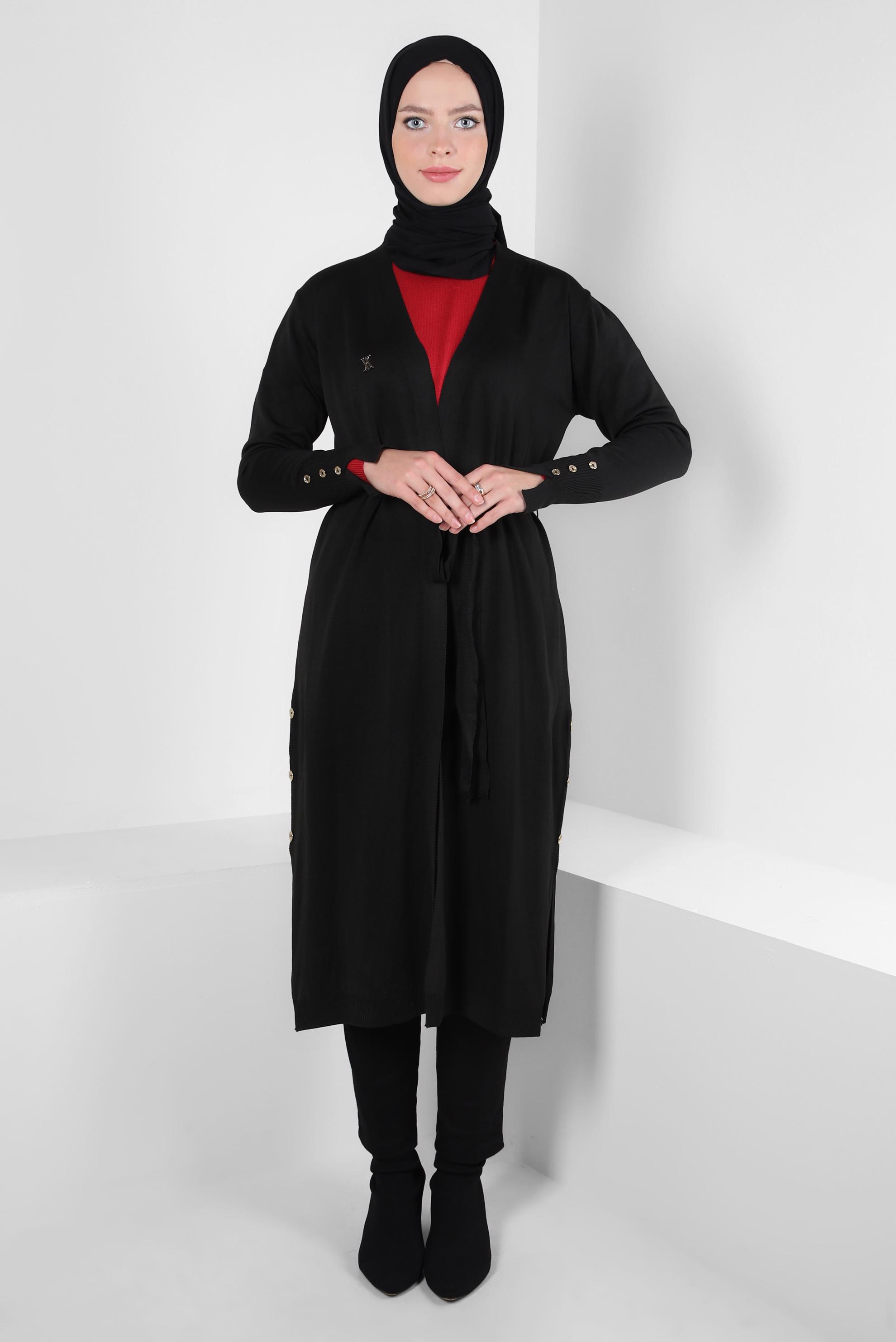 Tesettür giyim SİYAH KUŞAKLI TRİKO HIRKA 44076