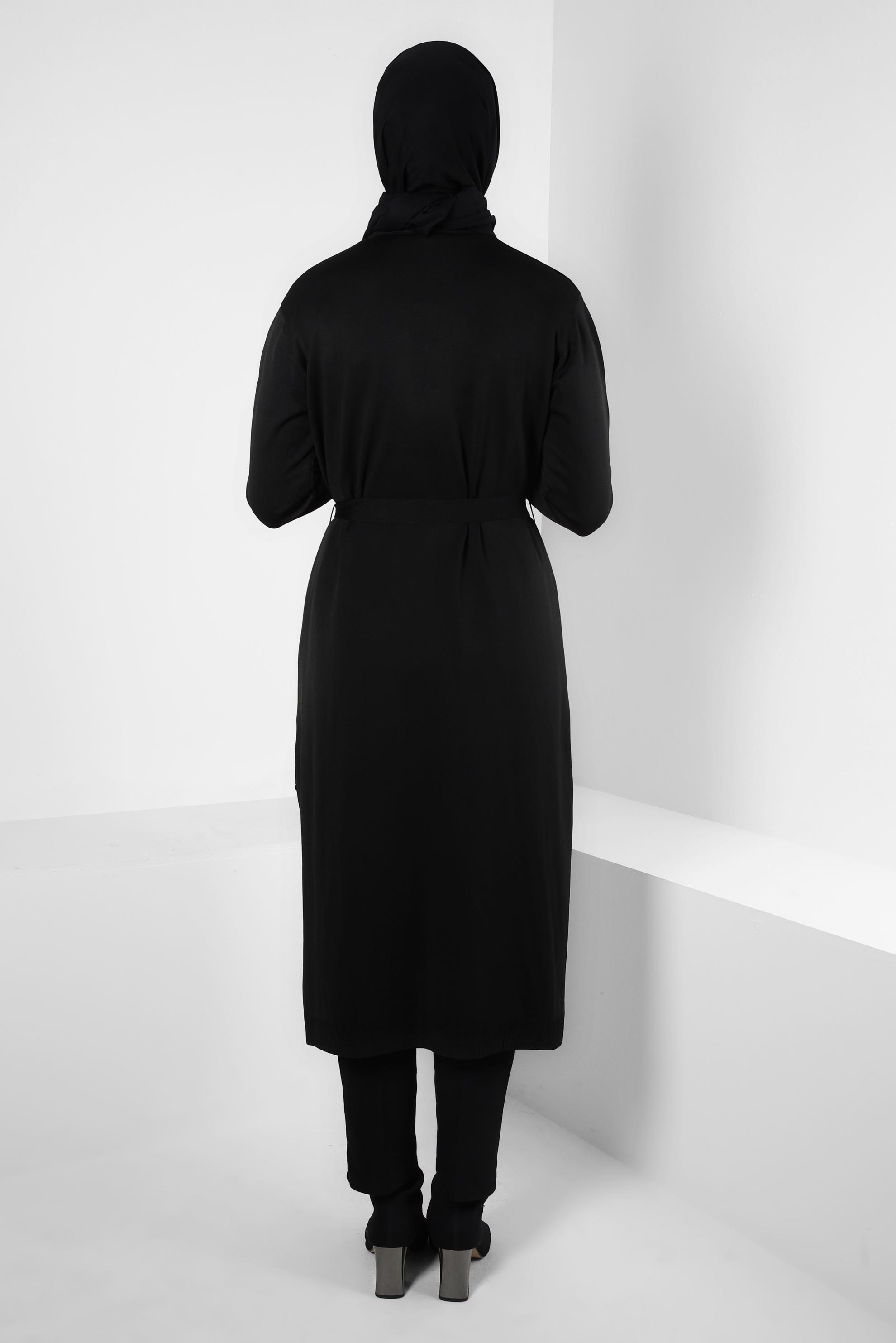 Tesettür giyim SİYAH KUŞAKLI TRİKO HIRKA 44076