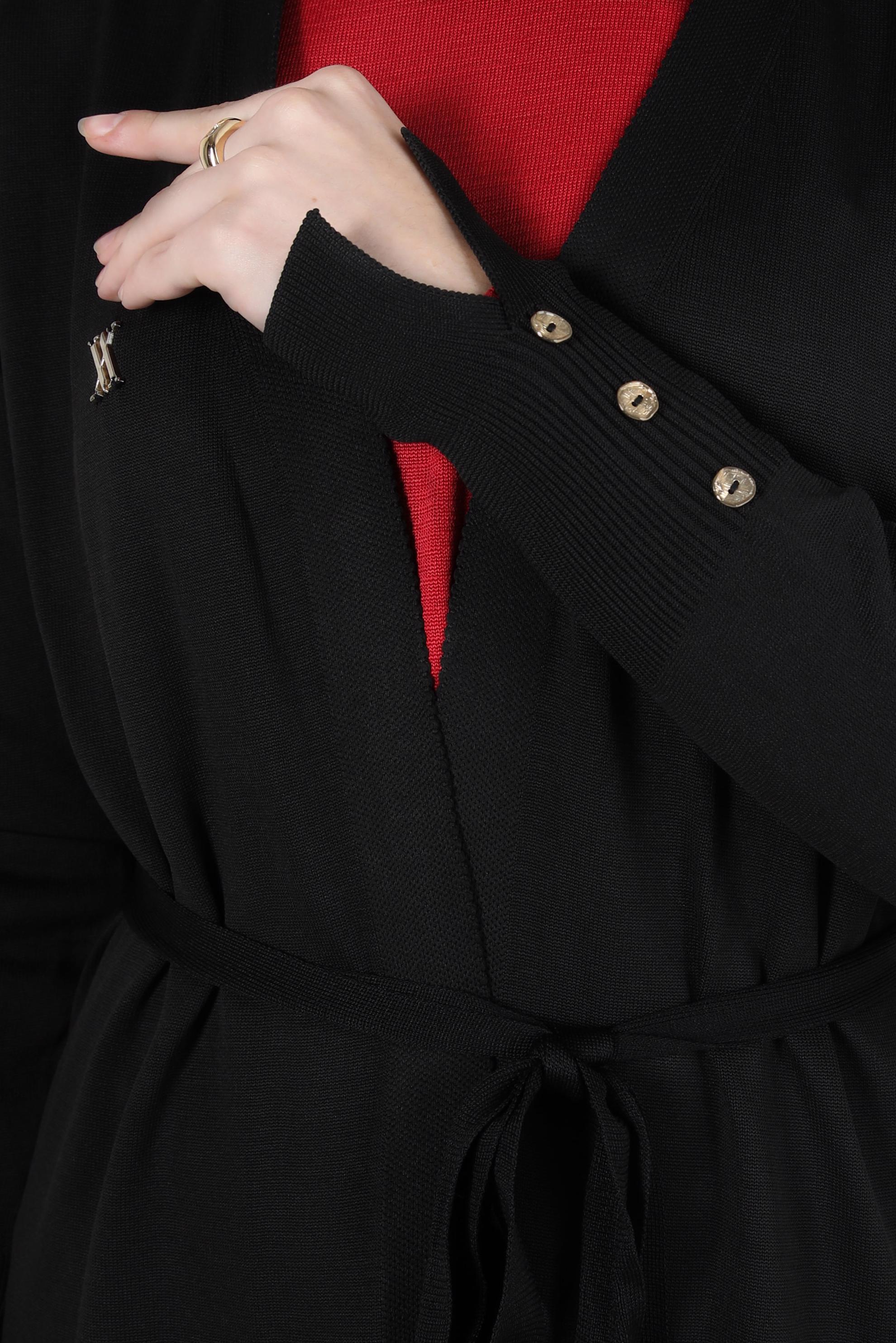 Tesettür giyim SİYAH KUŞAKLI TRİKO HIRKA 44076