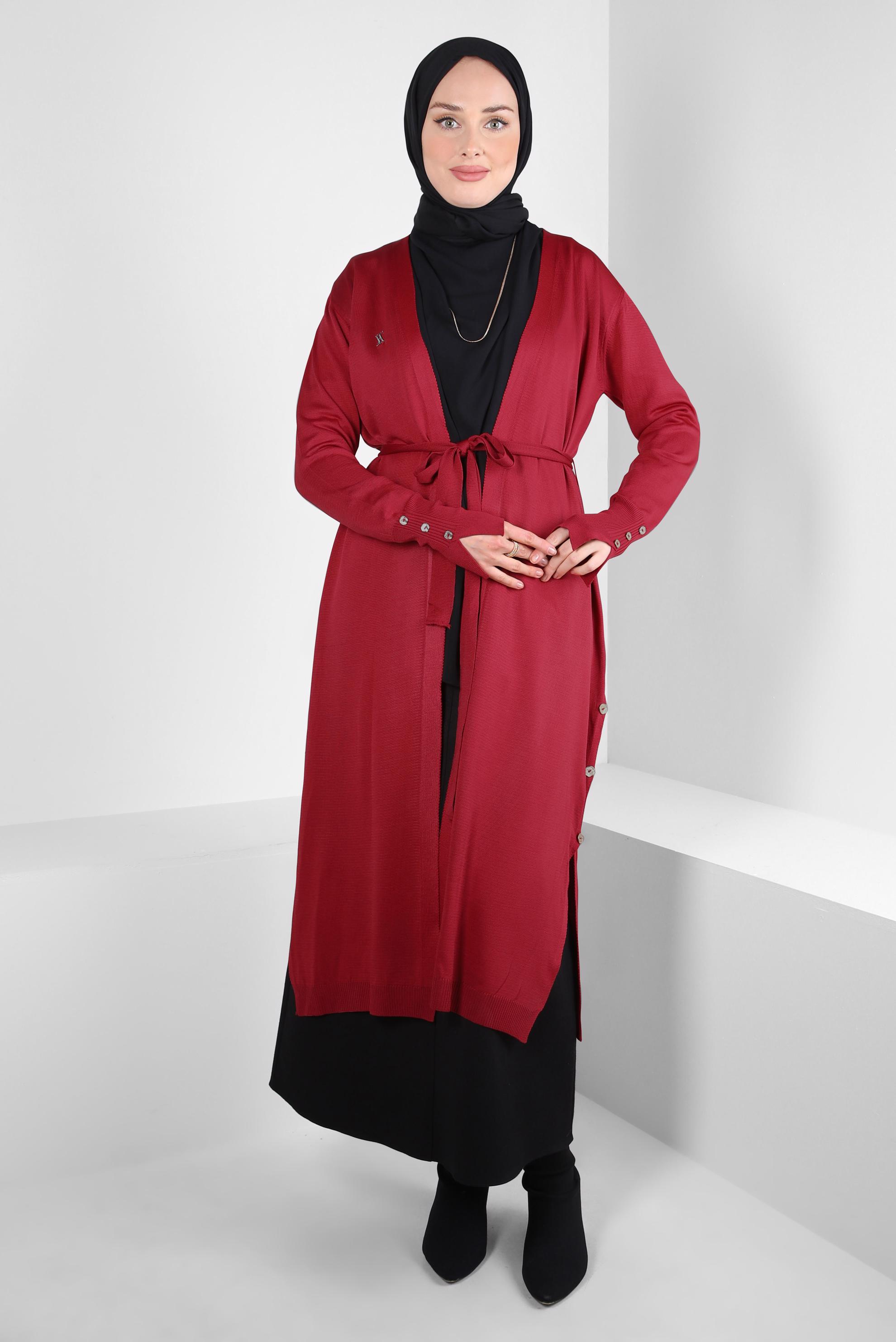 Hijab clothing RED BELTED KNITWEAR CARDIGAN 44076