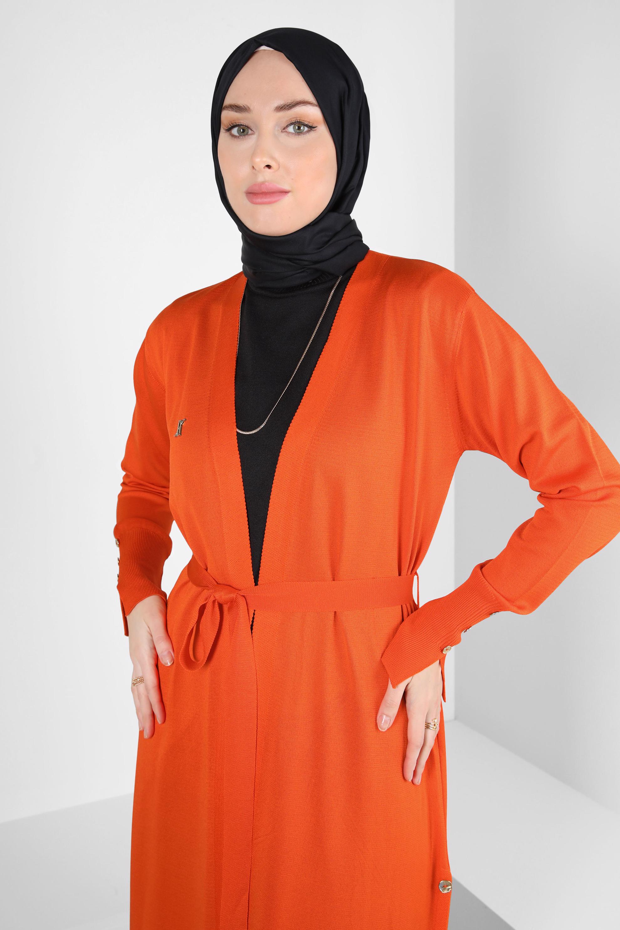 Tesettür giyim TURUNCU KUŞAKLI TRİKO HIRKA 44076