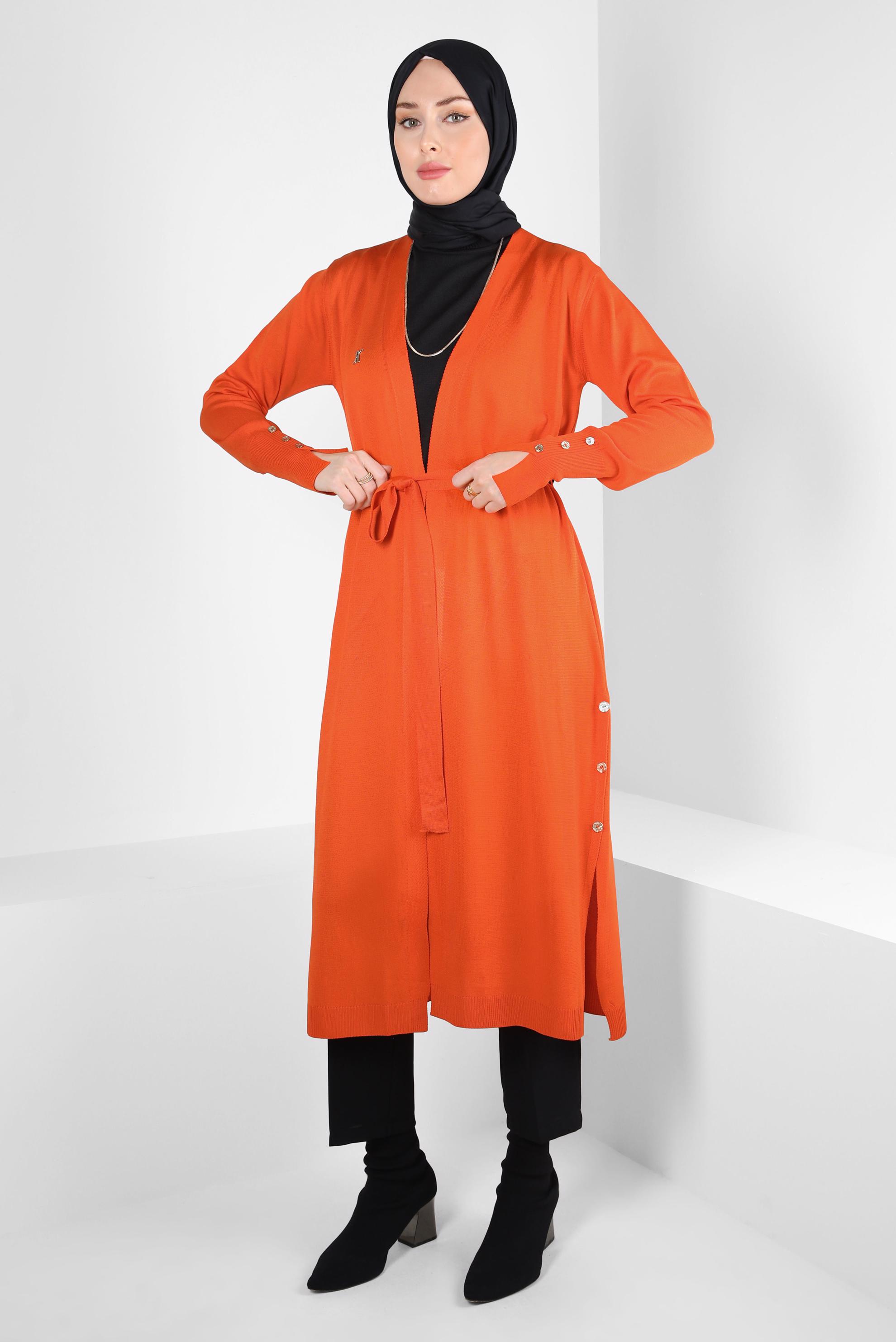 Tesettür giyim TURUNCU KUŞAKLI TRİKO HIRKA 44076