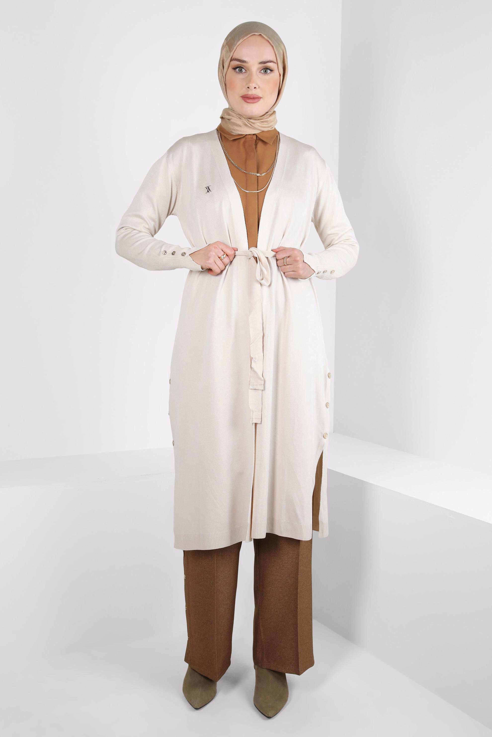 Tesettür giyim BEJ KUŞAKLI TRİKO HIRKA 44076