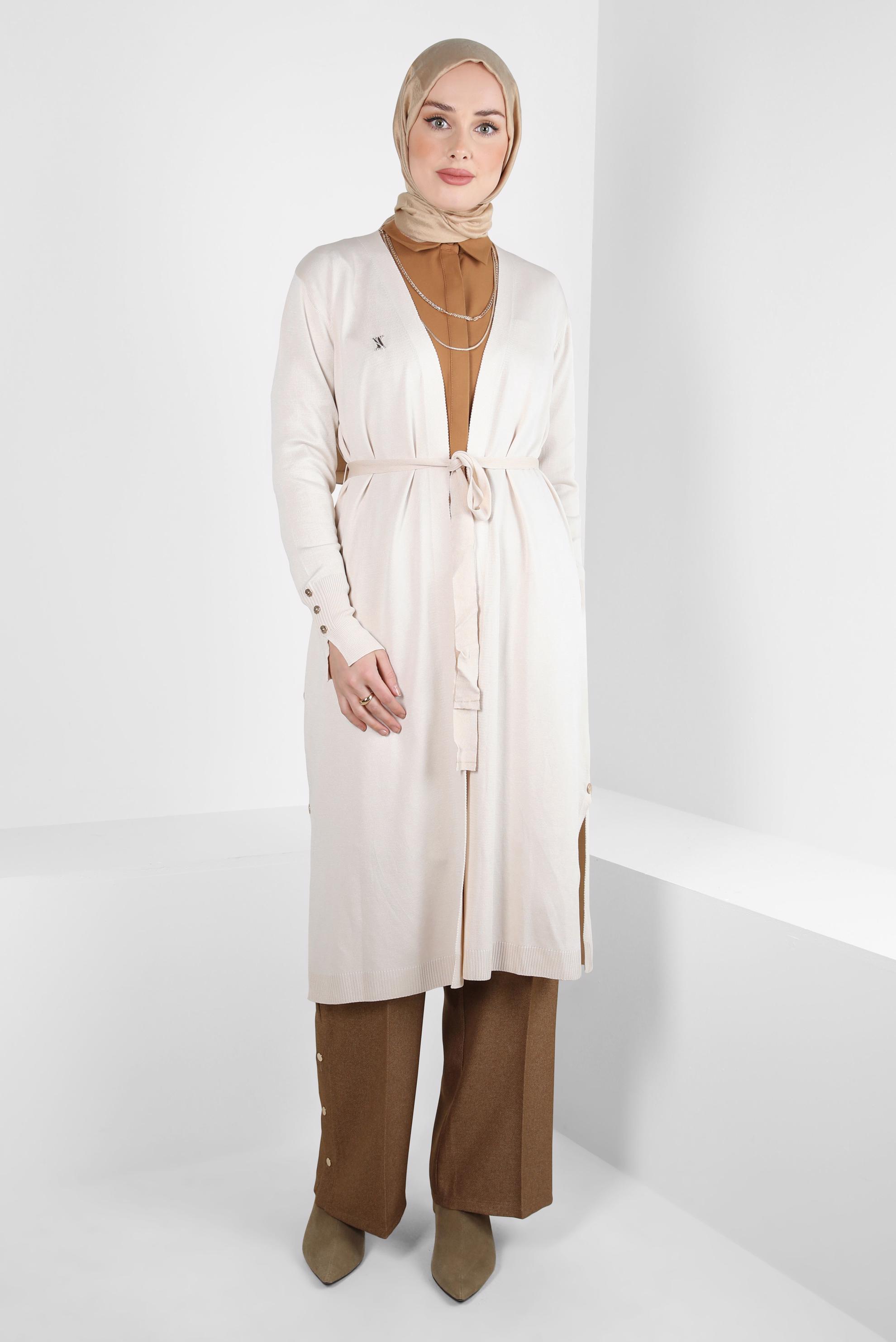 Tesettür giyim BEJ KUŞAKLI TRİKO HIRKA 44076
