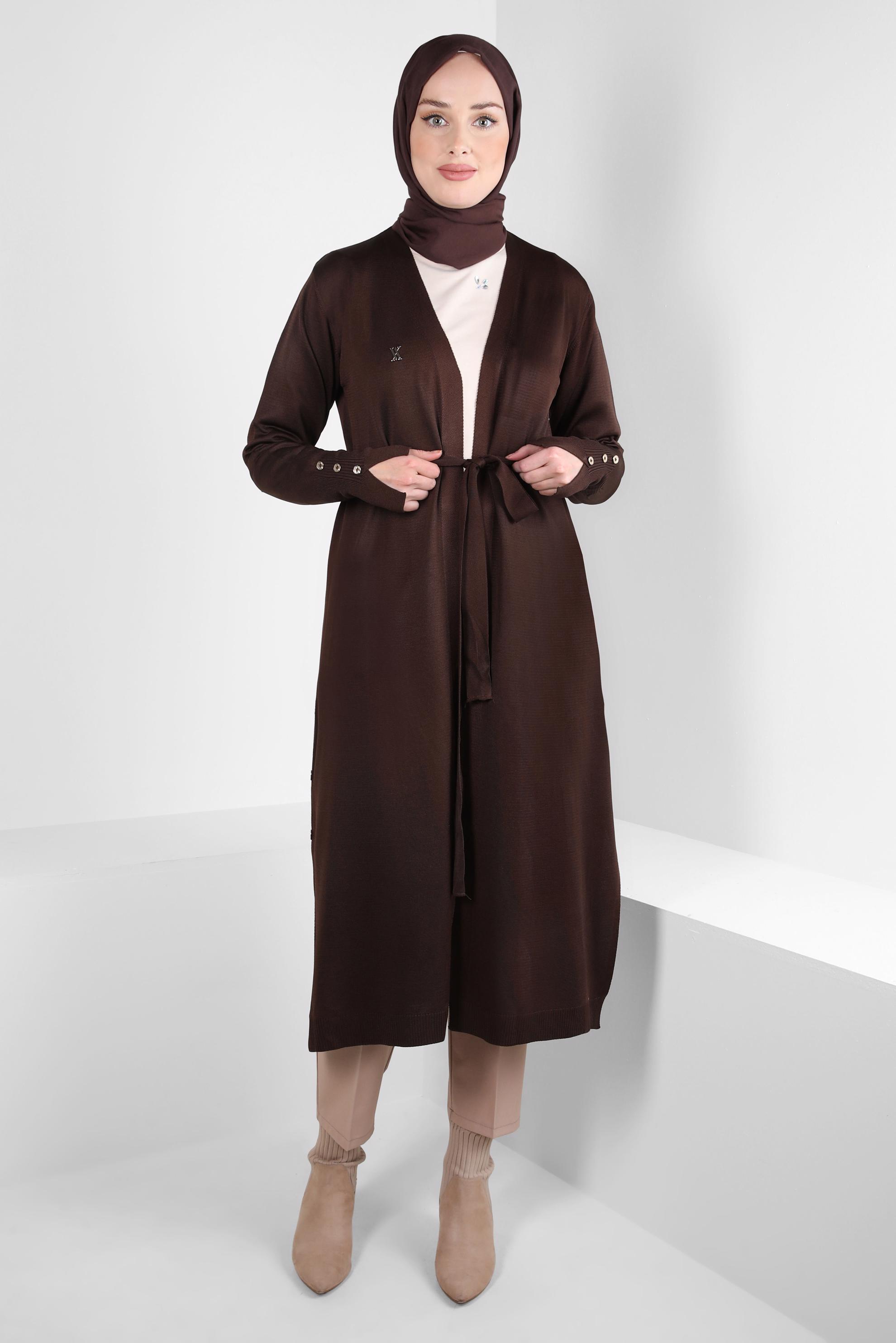Tesettür giyim KAHVE KUŞAKLI TRİKO HIRKA 44076