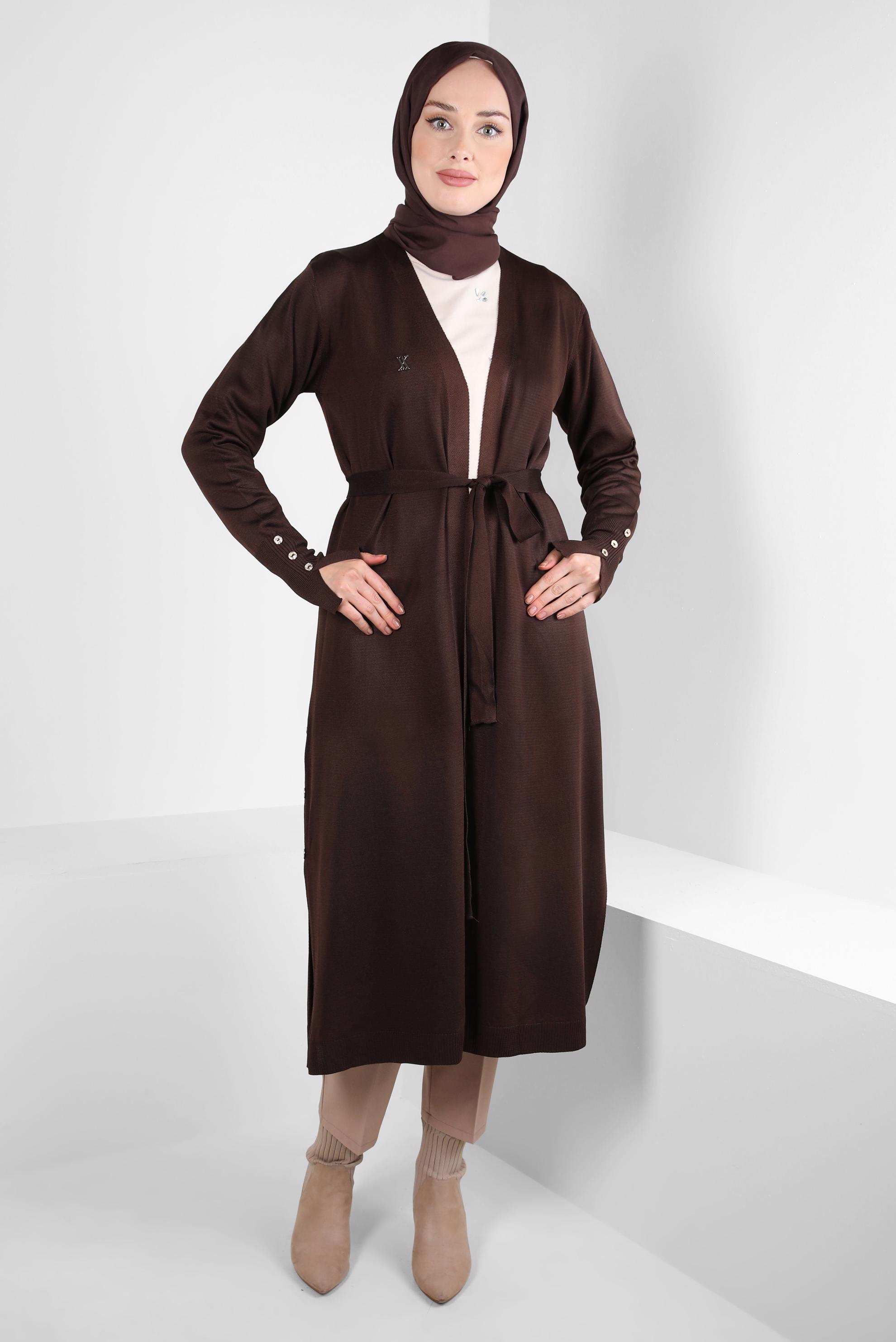 Tesettür giyim KAHVE KUŞAKLI TRİKO HIRKA 44076