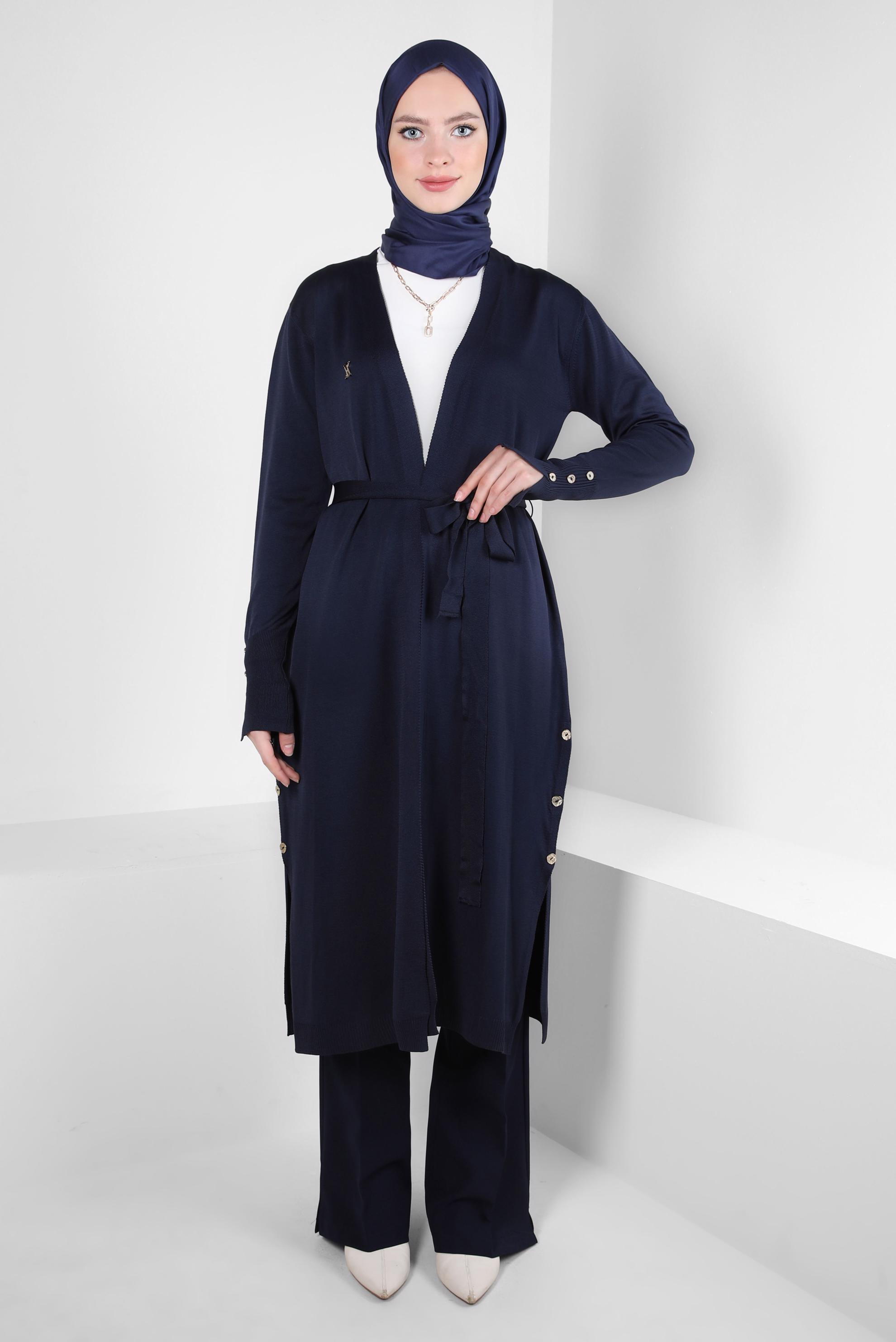 Tesettür giyim LACİVERT KUŞAKLI TRİKO HIRKA 44076