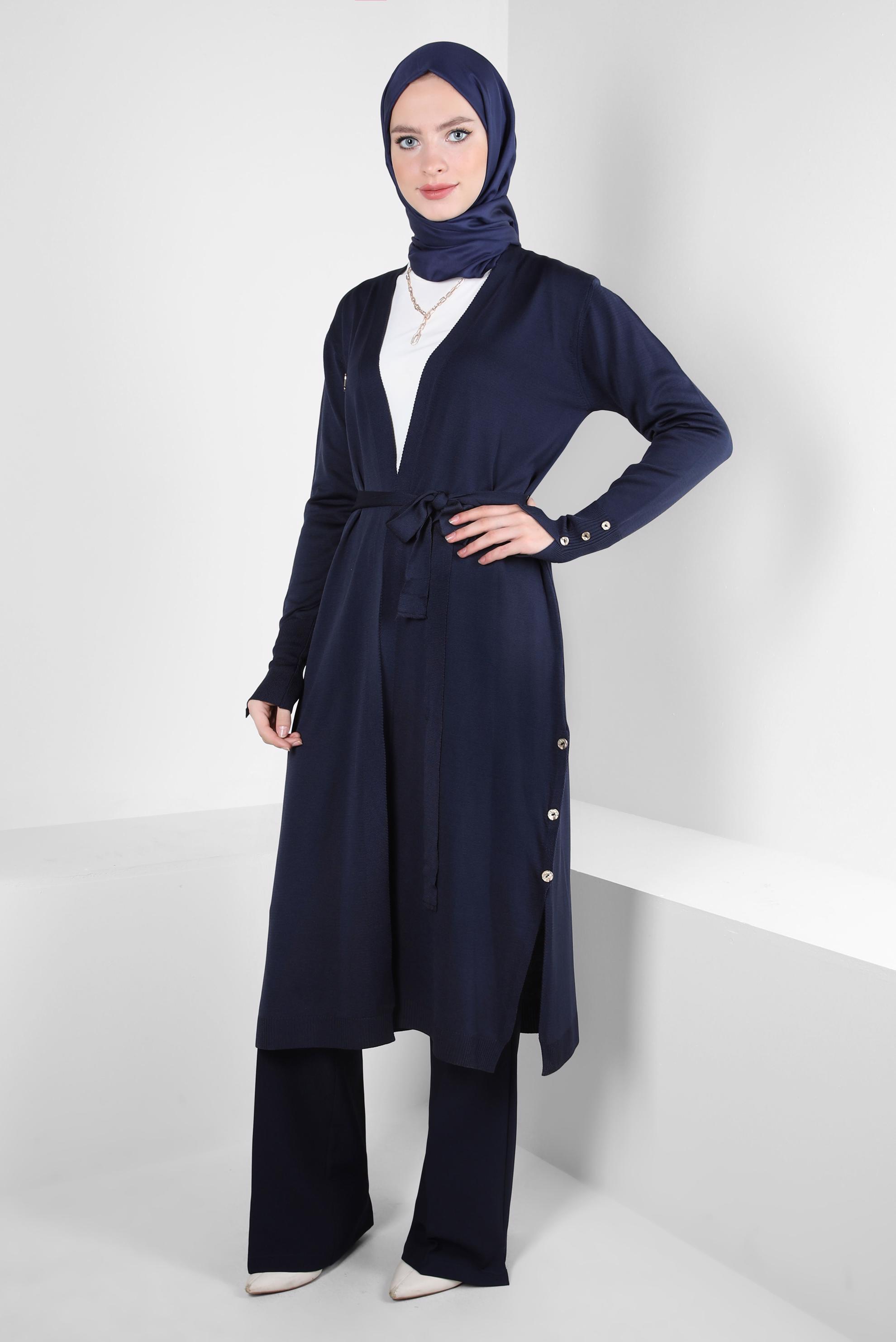 Tesettür giyim LACİVERT KUŞAKLI TRİKO HIRKA 44076