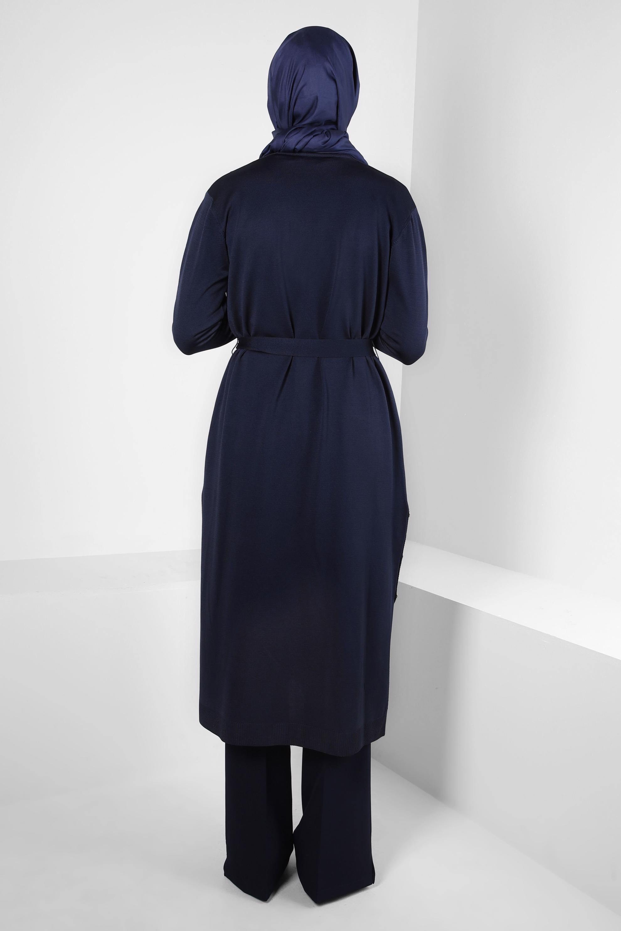 Tesettür giyim LACİVERT KUŞAKLI TRİKO HIRKA 44076