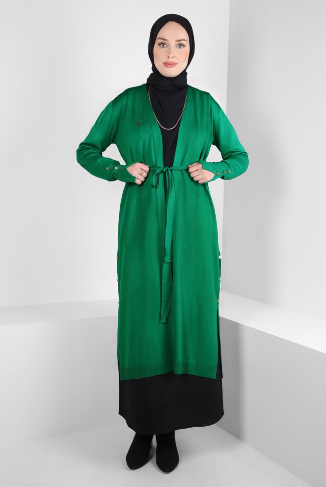 Vêtements hijab VERT CARDIGAN EN TRICOT CEINTURE 44076 - ALVİNA