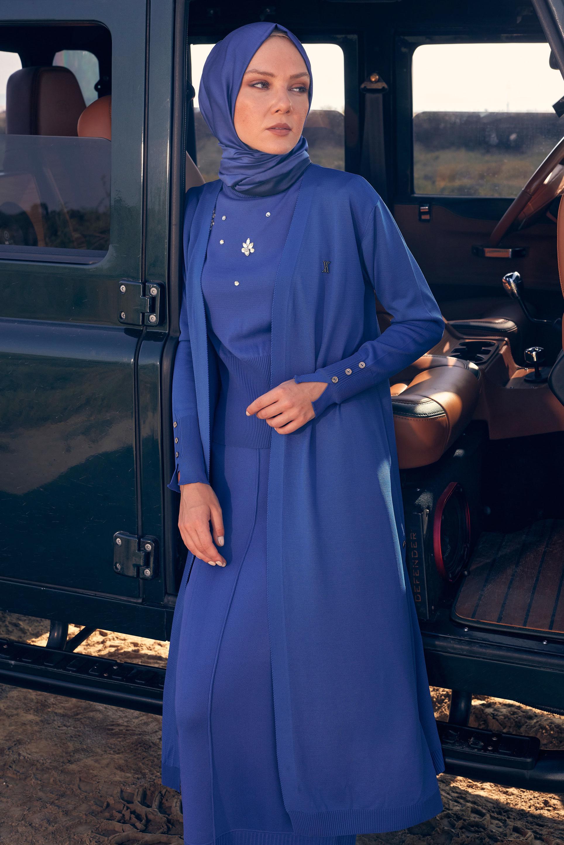 Tesettür giyim LACİVERT KUŞAKLI TRİKO HIRKA 44076