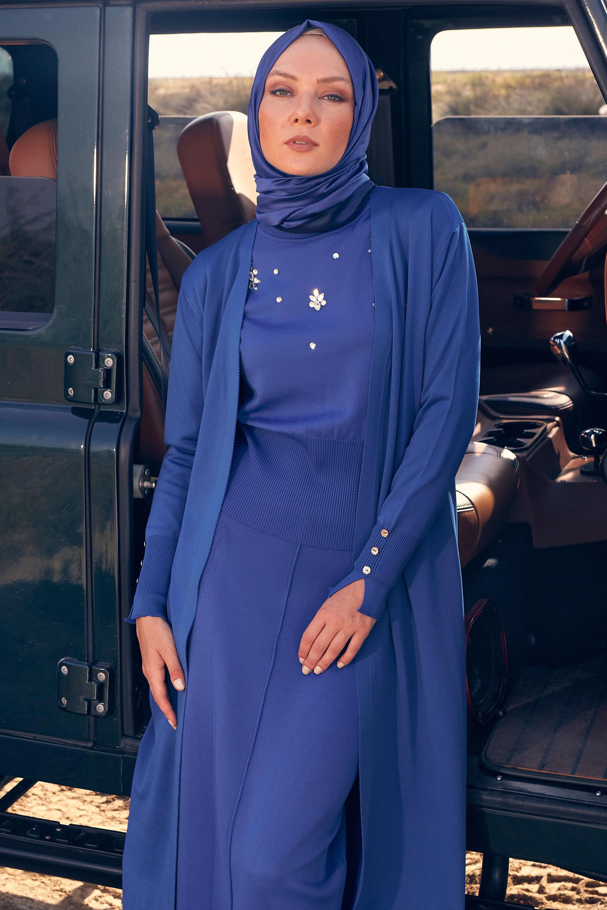 Tesettür giyim LACİVERT KUŞAKLI TRİKO HIRKA 44076