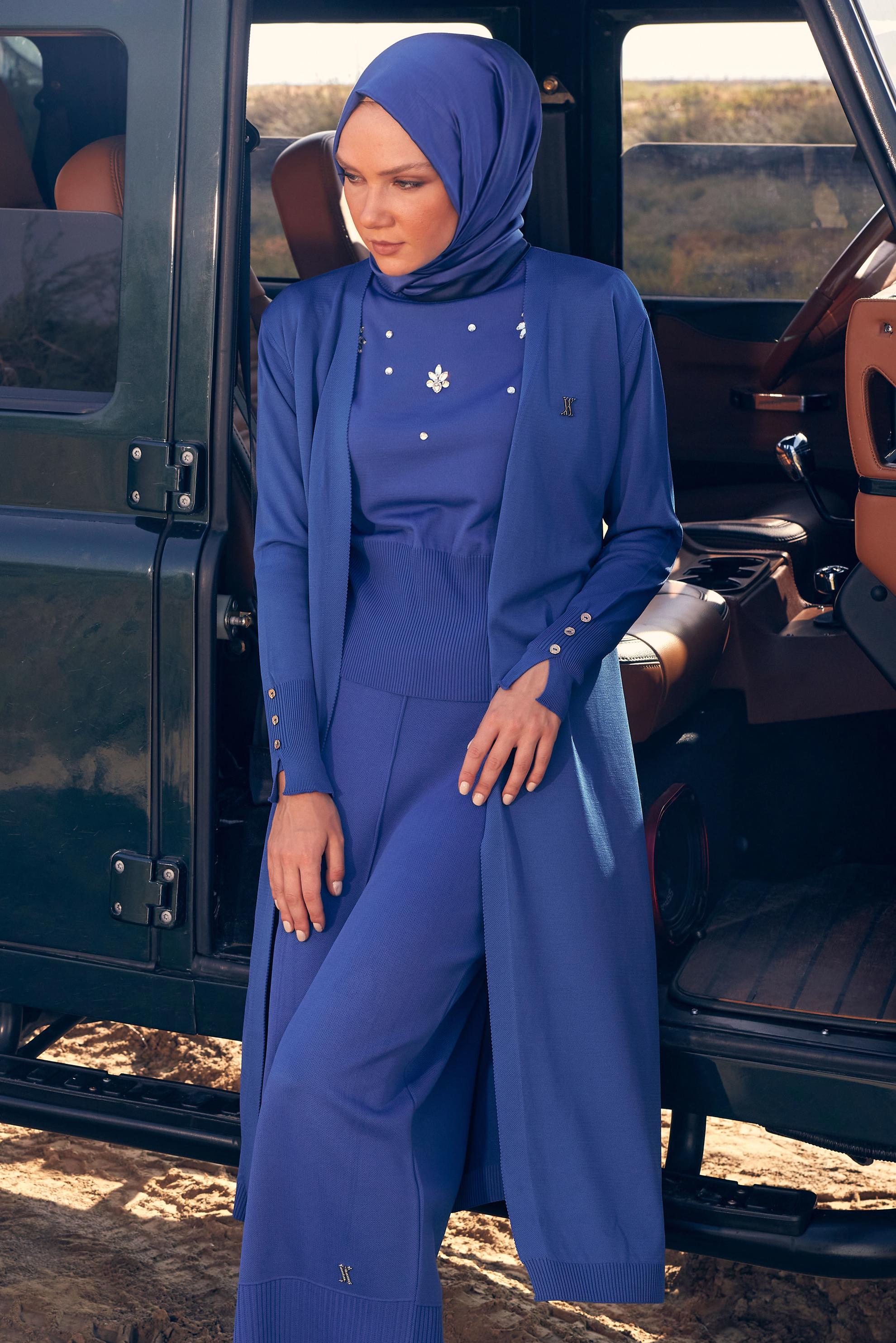 Tesettür giyim LACİVERT KUŞAKLI TRİKO HIRKA 44076