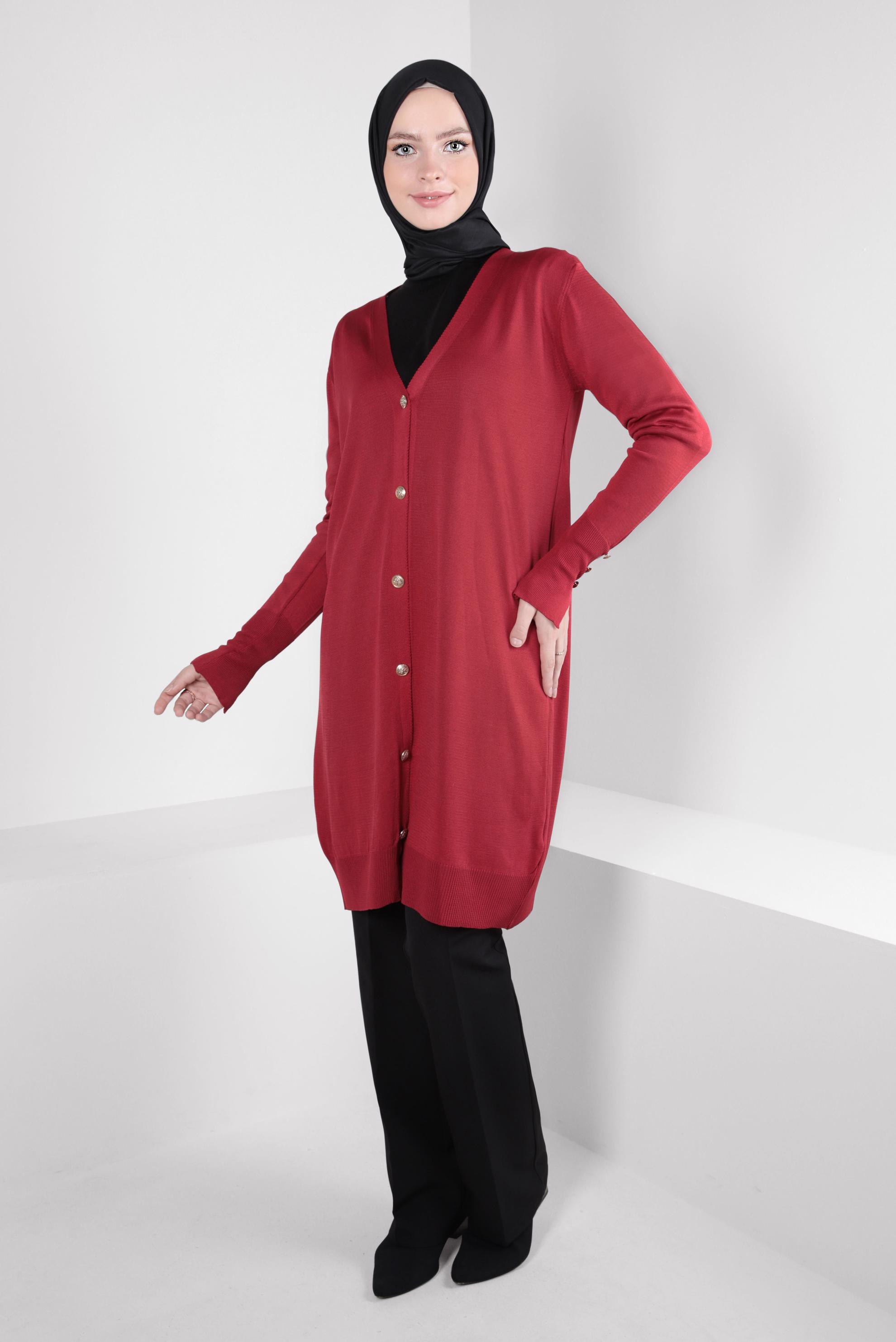 Tesettür giyim KIRMIZI TRİKO HIRKA 44078