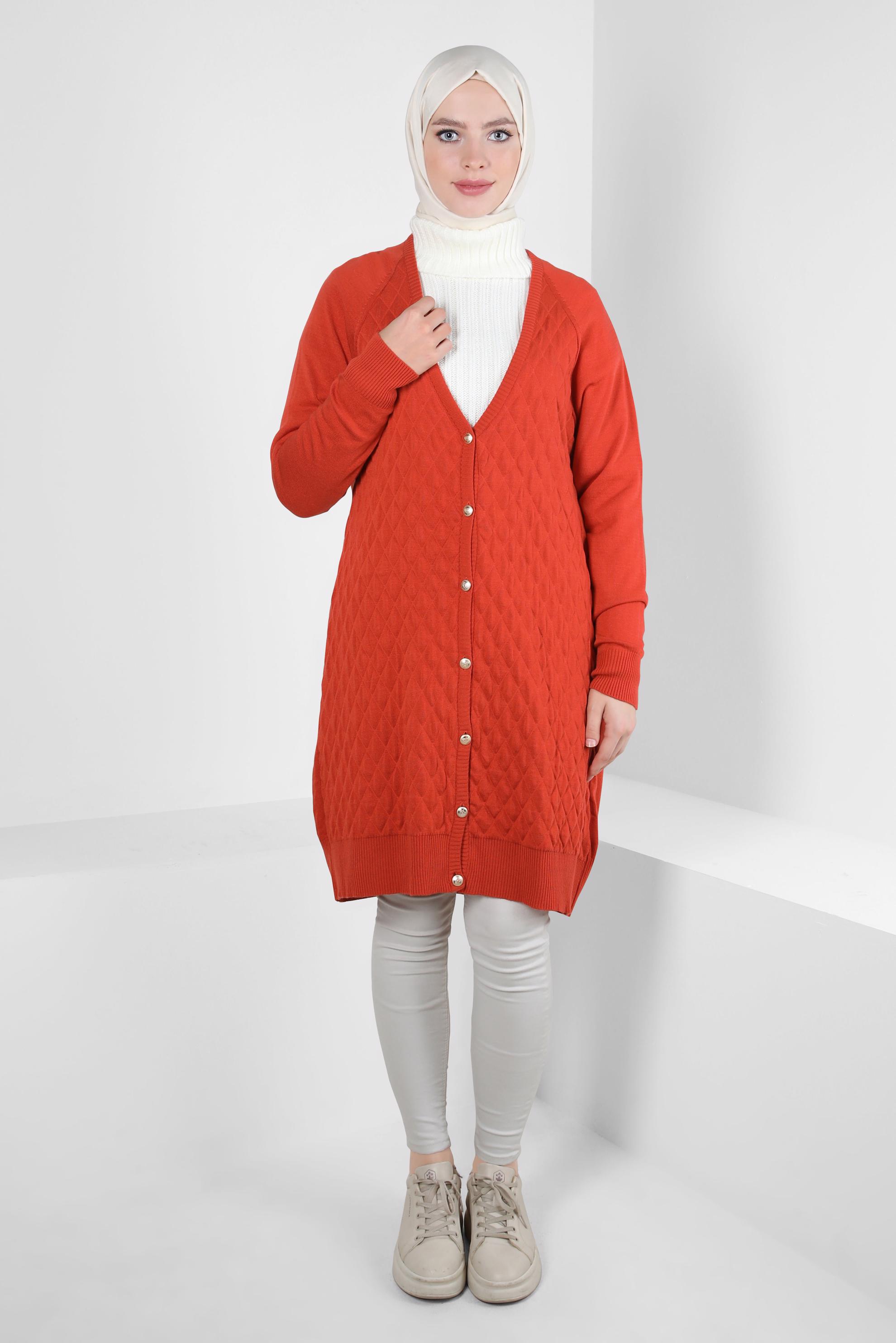 Tesettür giyim TURUNCU KAPİTONE DESENLİ TRİKO HIRKA 44079