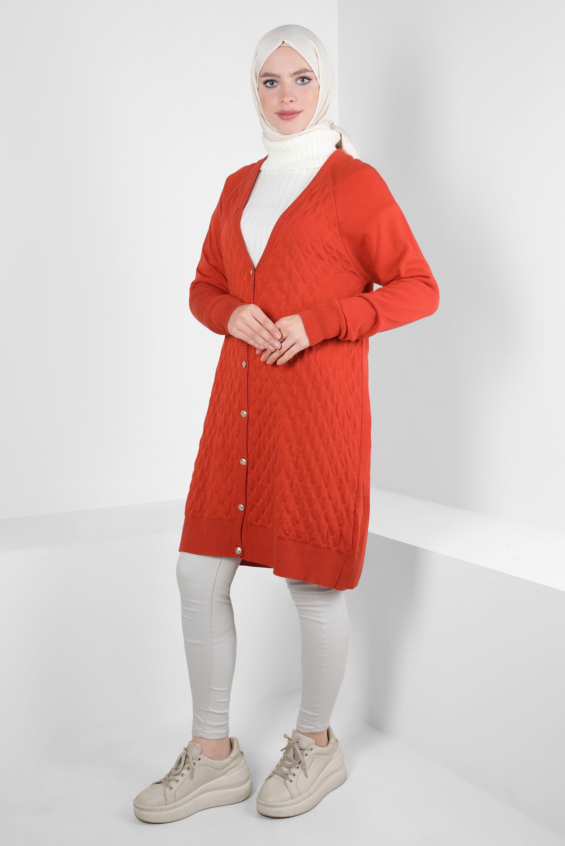 Tesettür giyim TURUNCU KAPİTONE DESENLİ TRİKO HIRKA 44079