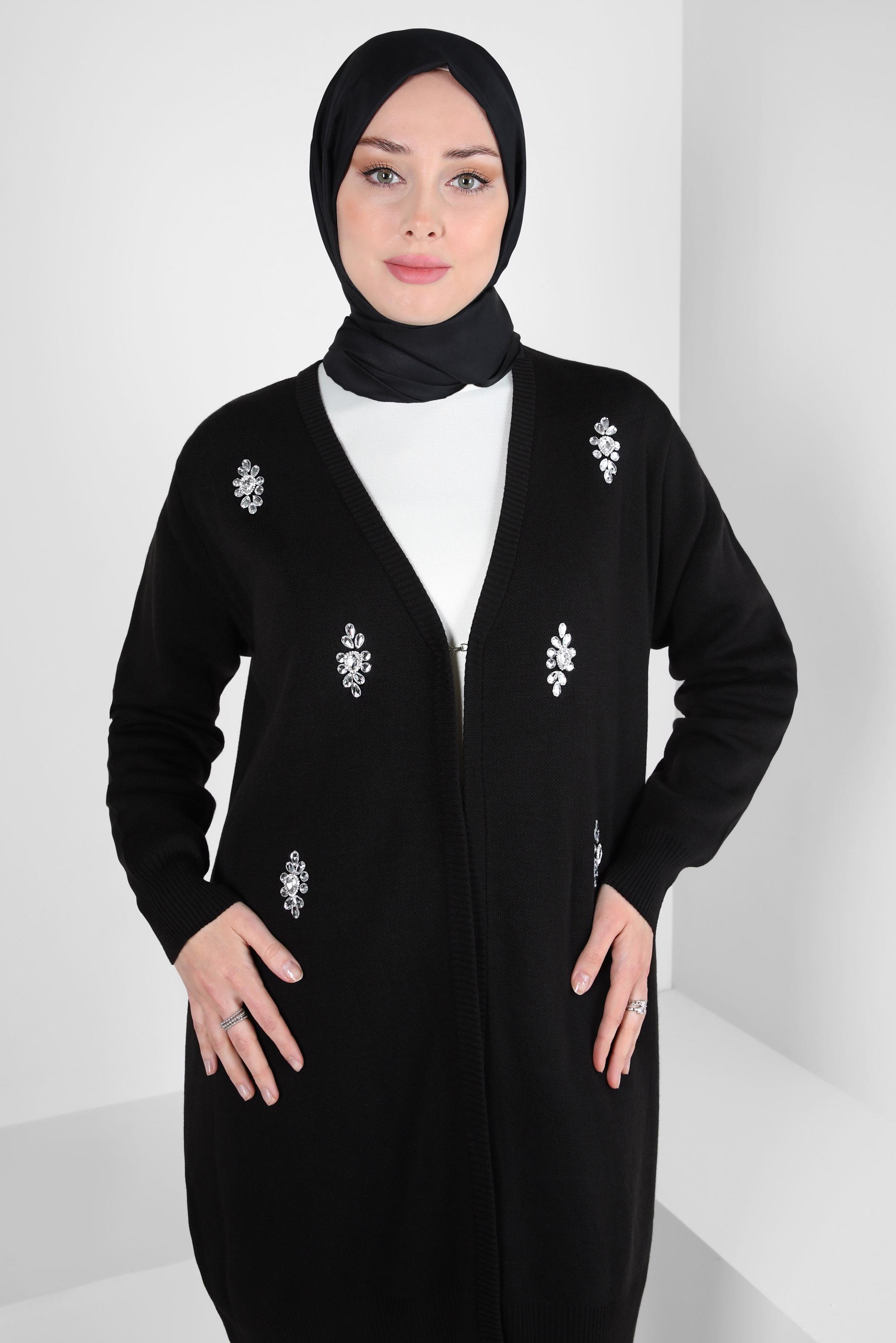 Tesettür giyim SİYAH TAŞLI TRİKO HIRKA 44081