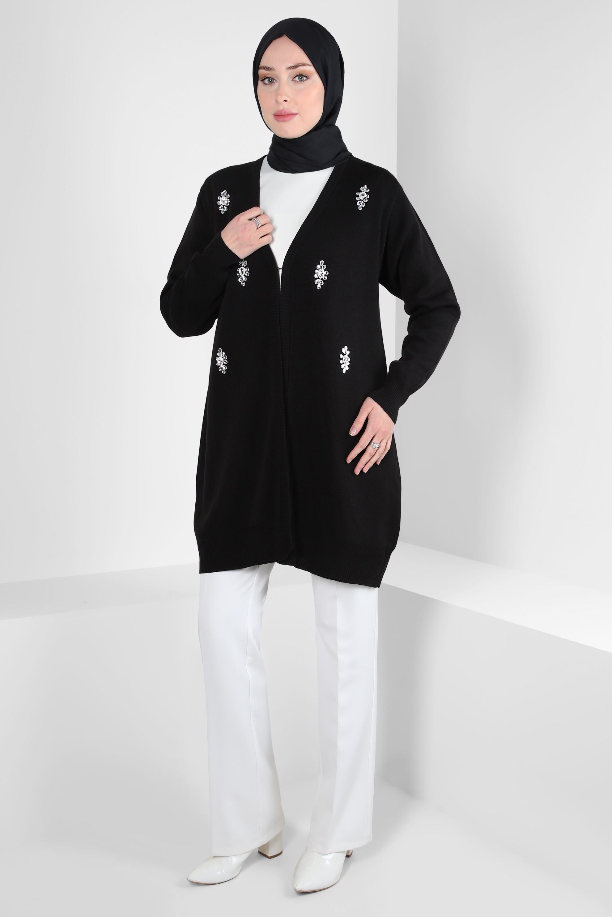 Tesettür giyim SİYAH TAŞLI TRİKO HIRKA 44081