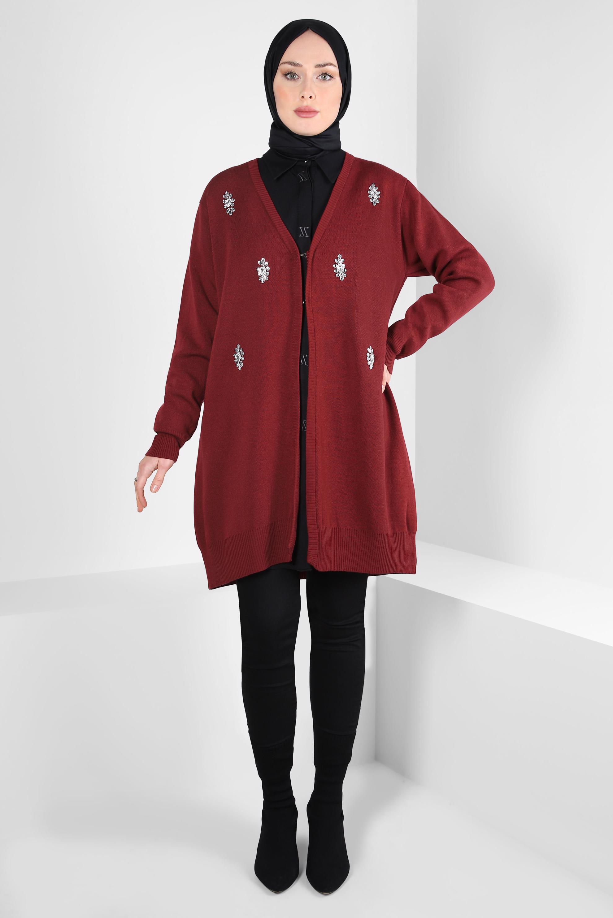 Tesettür giyim BORDO TAŞLI TRİKO HIRKA 44081