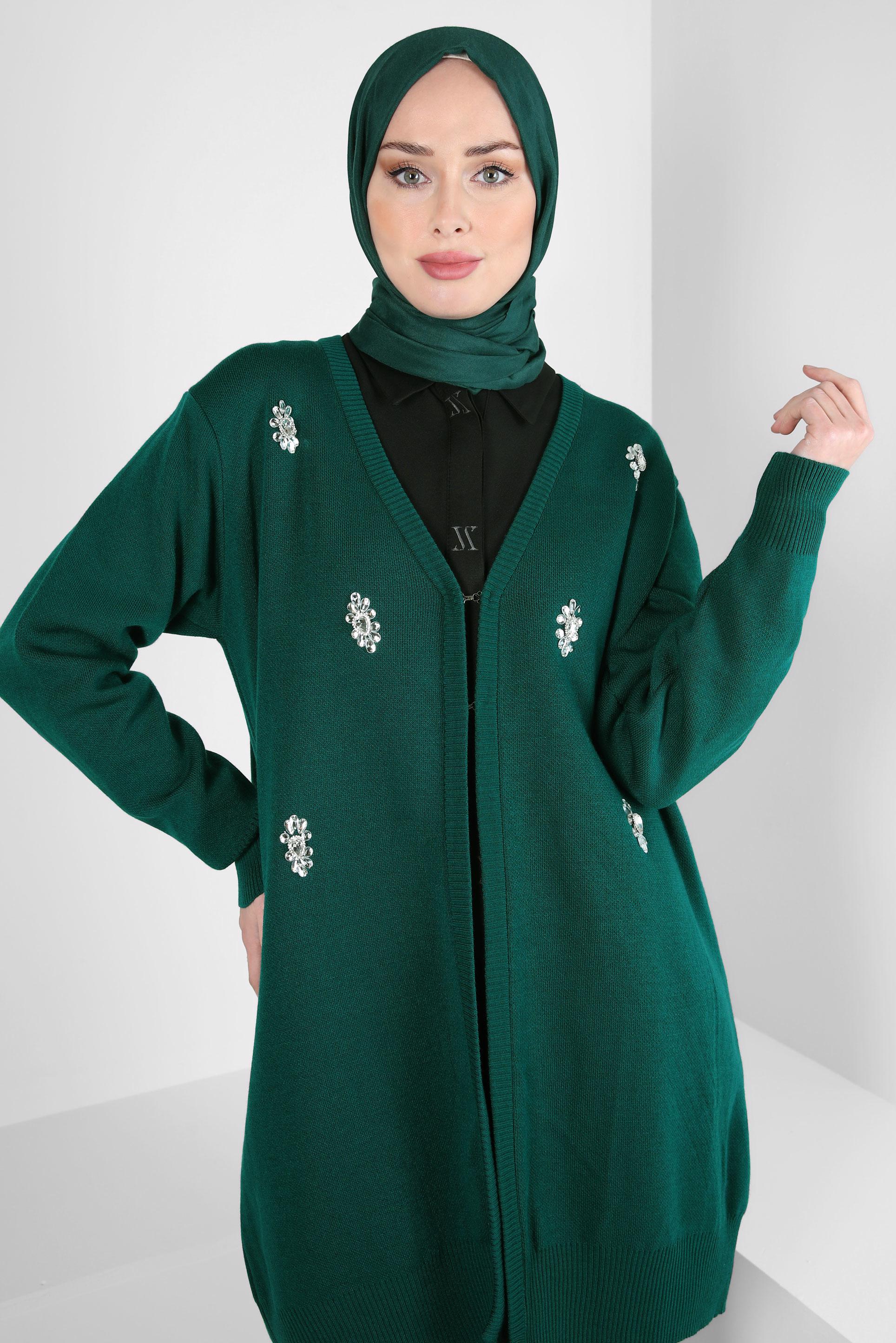 Tesettür giyim YEŞİL TAŞLI TRİKO HIRKA 44081