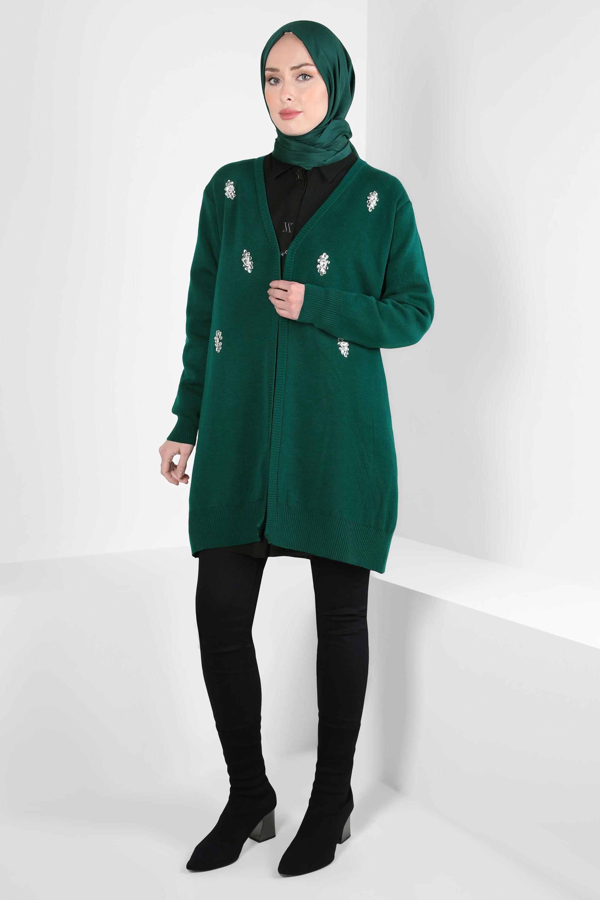 Tesettür giyim YEŞİL TAŞLI TRİKO HIRKA 44081