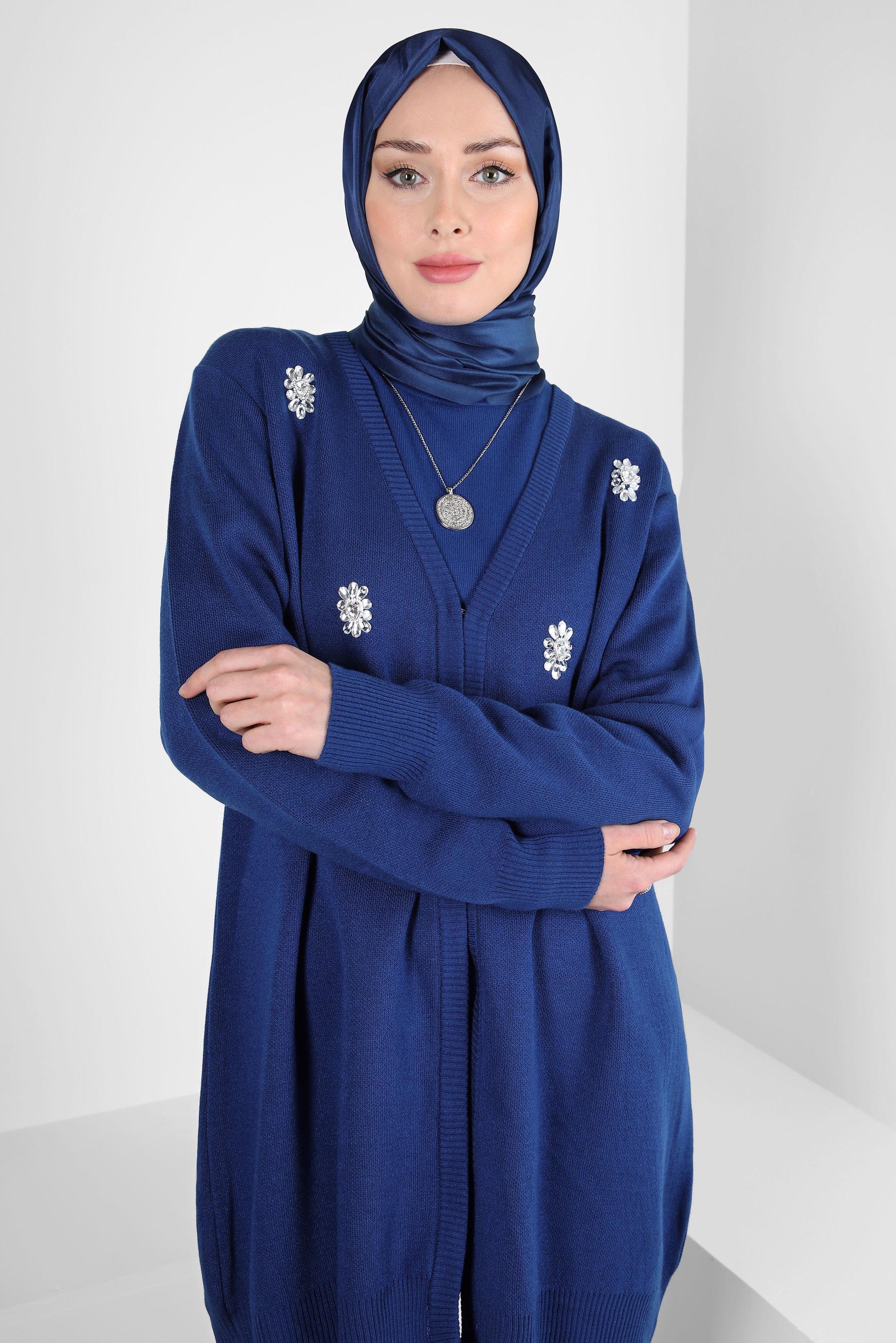 Tesettür giyim MAVİ TAŞLI TRİKO HIRKA 44081