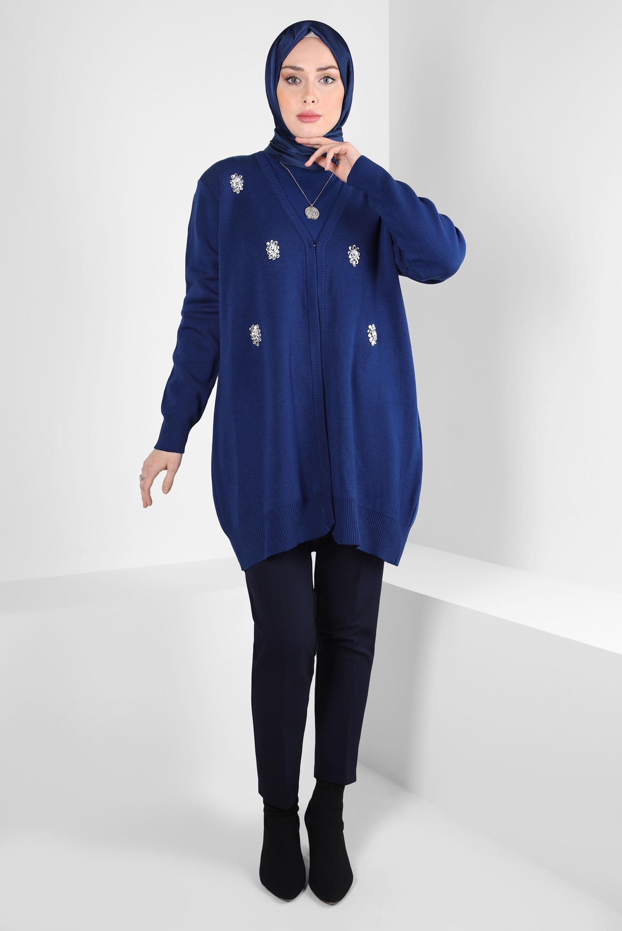 Tesettür giyim MAVİ TAŞLI TRİKO HIRKA 44081